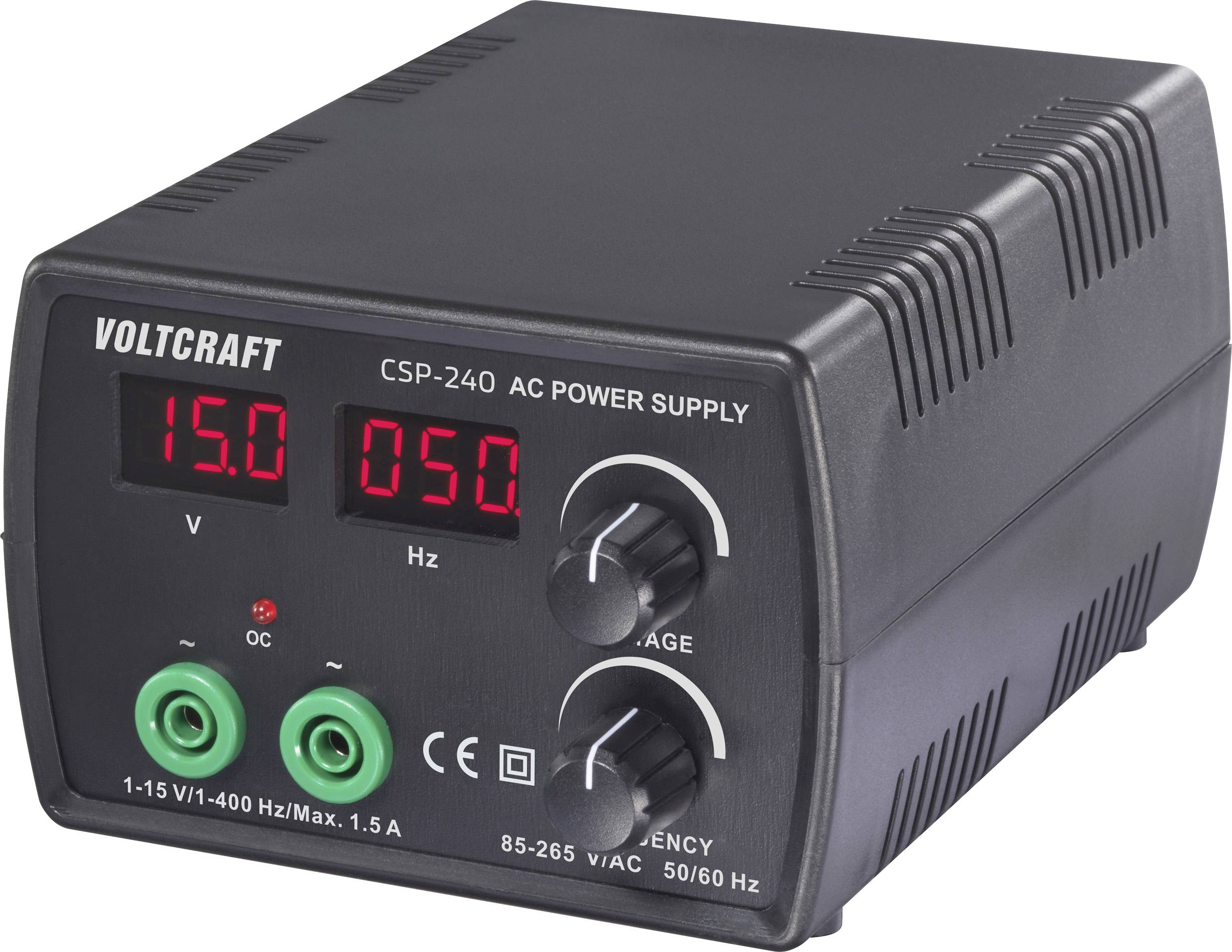'Alimentation CA VOLTCARFT CSP-240' affichant les lectures de tension (15,0 V) et de fréquence (050 Hz) avec boutons de contrôle et connecteurs.