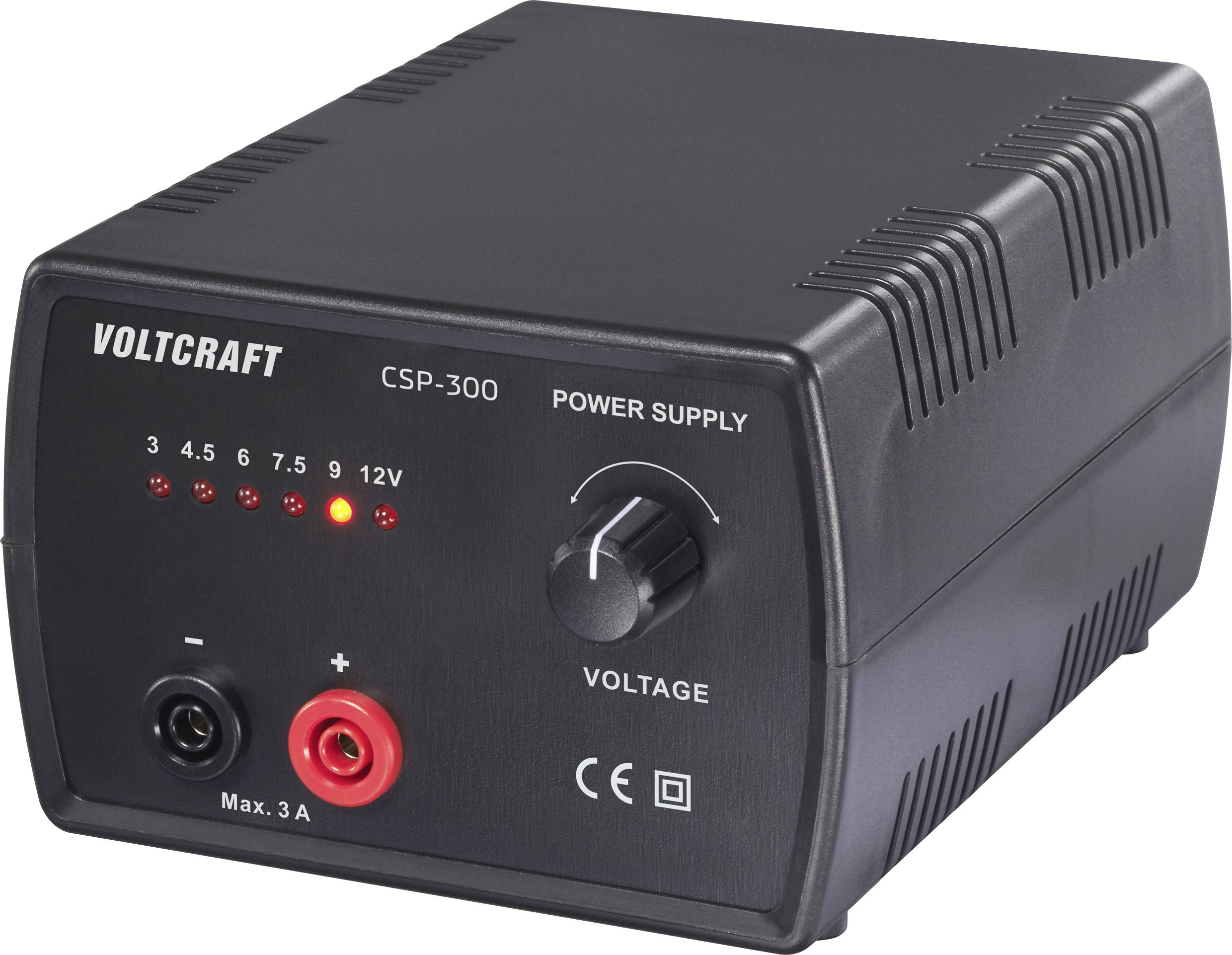 « Alimentation Voltcraft CSP-300 » avec bouton sélecteur de tension et voyants indicateurs pour sortie 3-12V ; courant maximal 3A.
