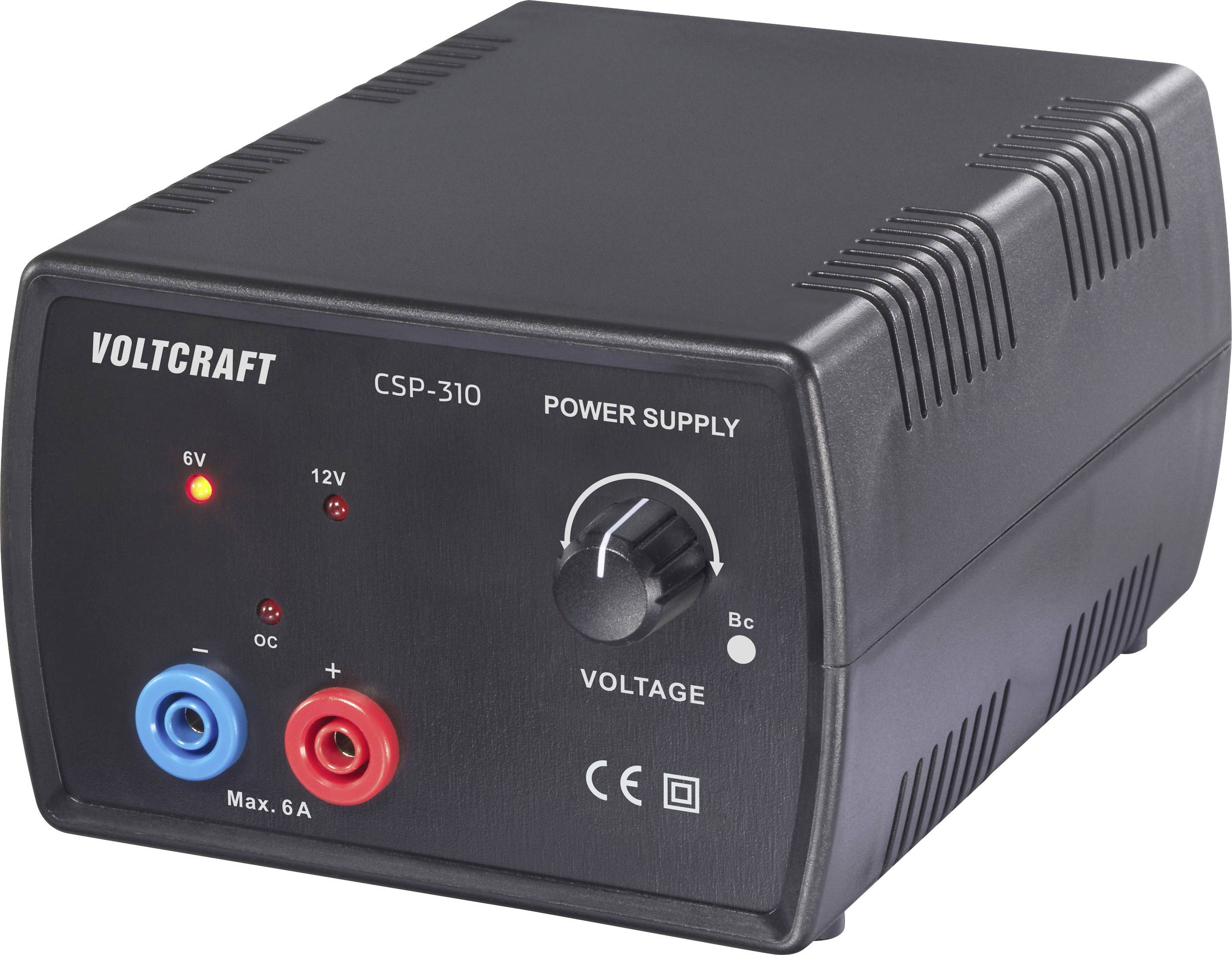 'Alimentation Voltcraft CSP-310' montre une unité noire avec des réglages de tension. Les caractéristiques incluent un cadran de tension, des connecteurs rouges et bleus, et des voyants indicateurs.
