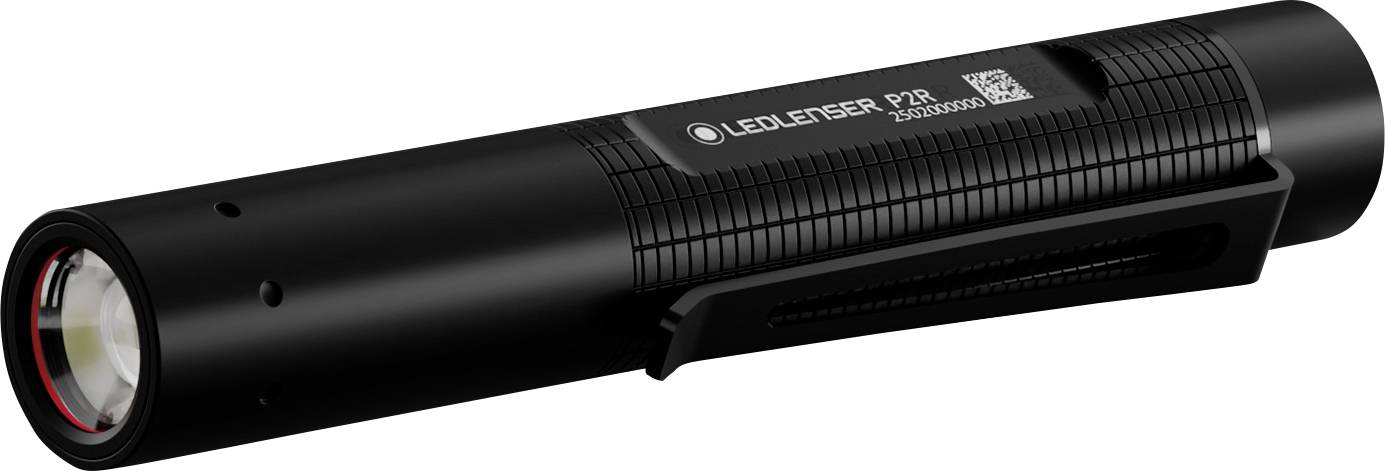 Un lampe de poche LED noire avec une poignée texturée et un clip de ceinture, étiquetée « LEDLENSER P7R ».