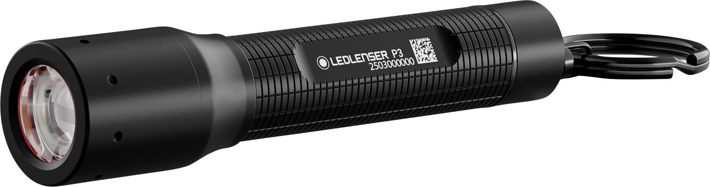 Une lampe de poche LED cylindrique noire avec une prise en main texturée et une boucle à l'extrémité pour la suspendre.