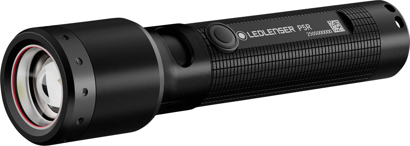 Lampe de poche LED noire avec l'inscription 'LEDLENSER P5R' sur le côté, dotée d'une prise en main texturée et d'une grande lentille à l'avant.