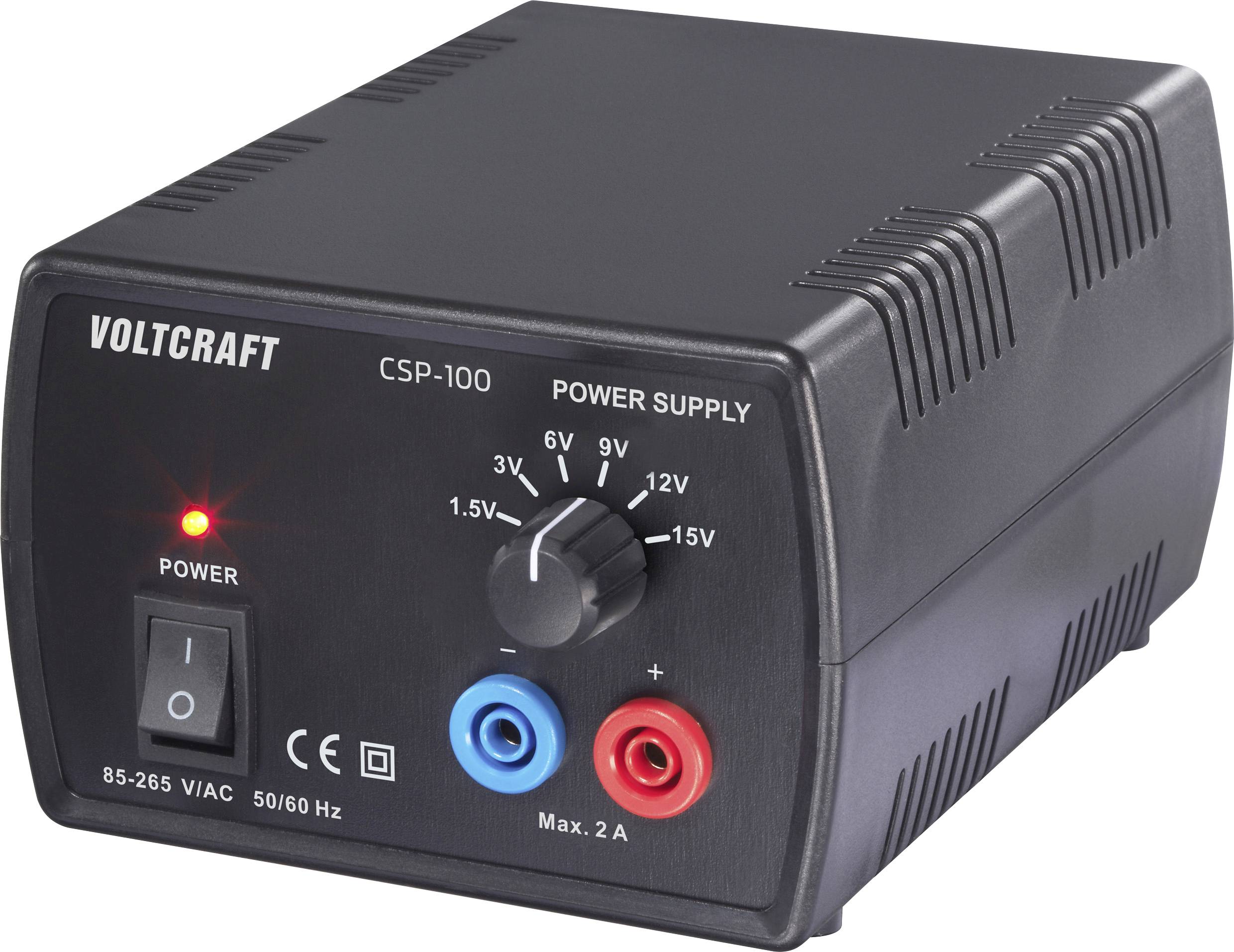 Une alimentation Voltcraft CSP-100 noire avec un bouton de tension ajustable, variant de 1,5V à 15V, et des prises de sortie rouges et bleues.