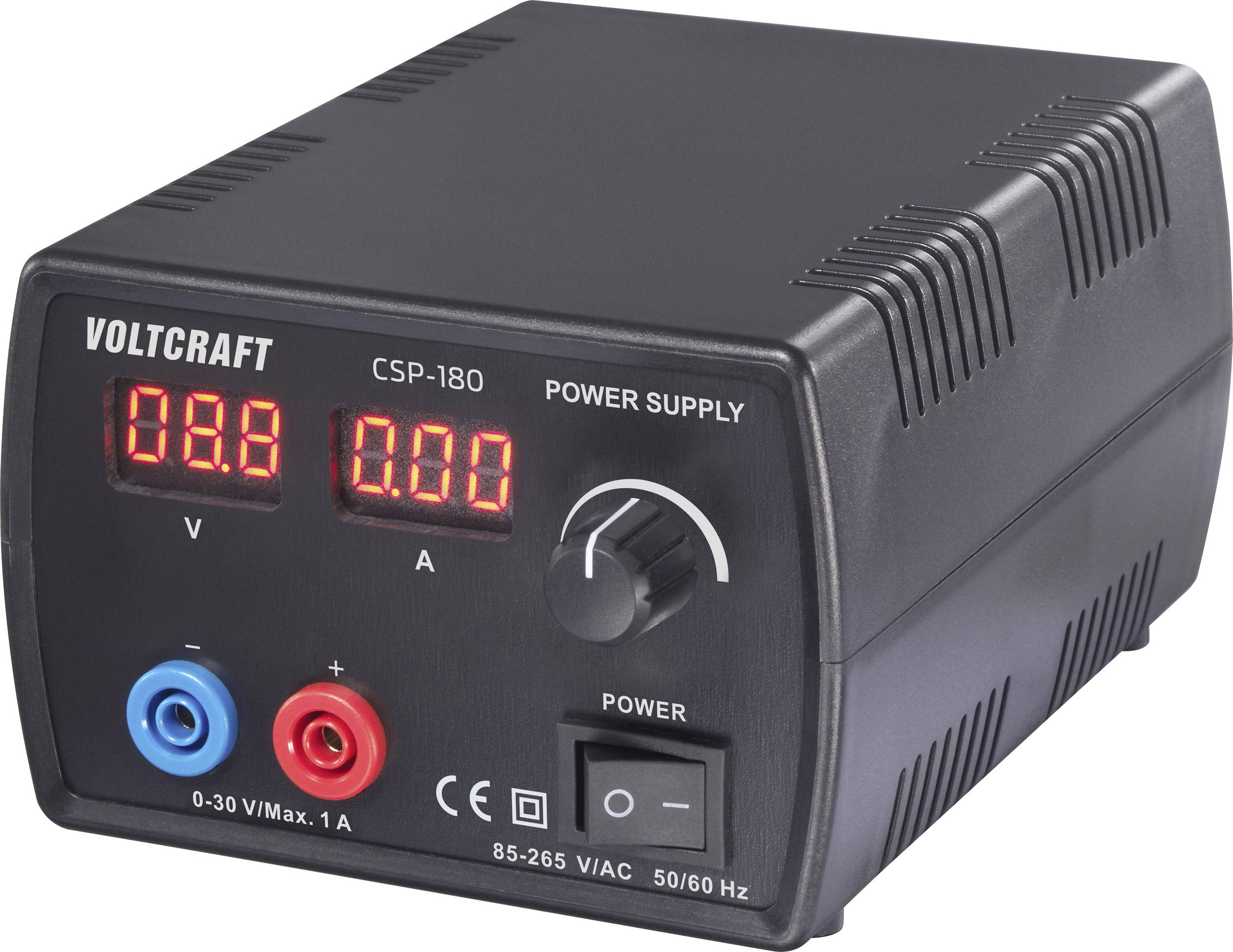 Un alimentation électrique 'Voltcraft CSP-180' affichant 0,00 volts et 0,00 ampères. Les caractéristiques incluent des cadrans ajustables et des indicateurs d'alimentation.