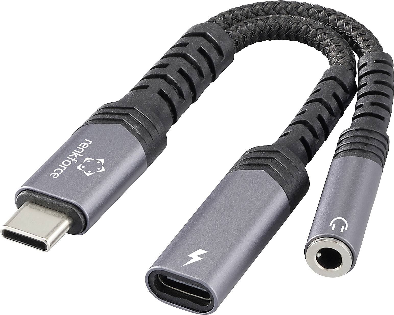 Un adaptateur USB-C vers 3,5 mm et un câble USB-C avec design tressé, montrant les connecteurs pour audio et charge.