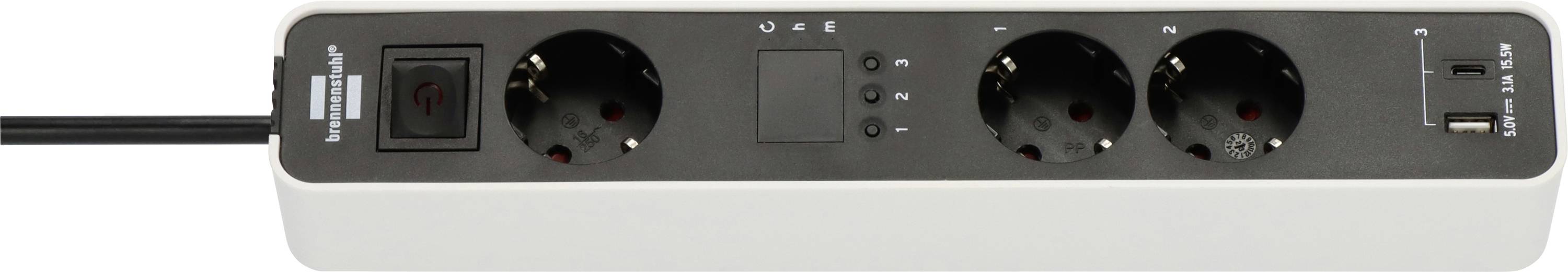 Bloc multiprise avec deux prises rondes, un interrupteur d'alimentation rouge et deux ports USB sur l'extrémité droite ; cordon noir attaché sur la gauche.