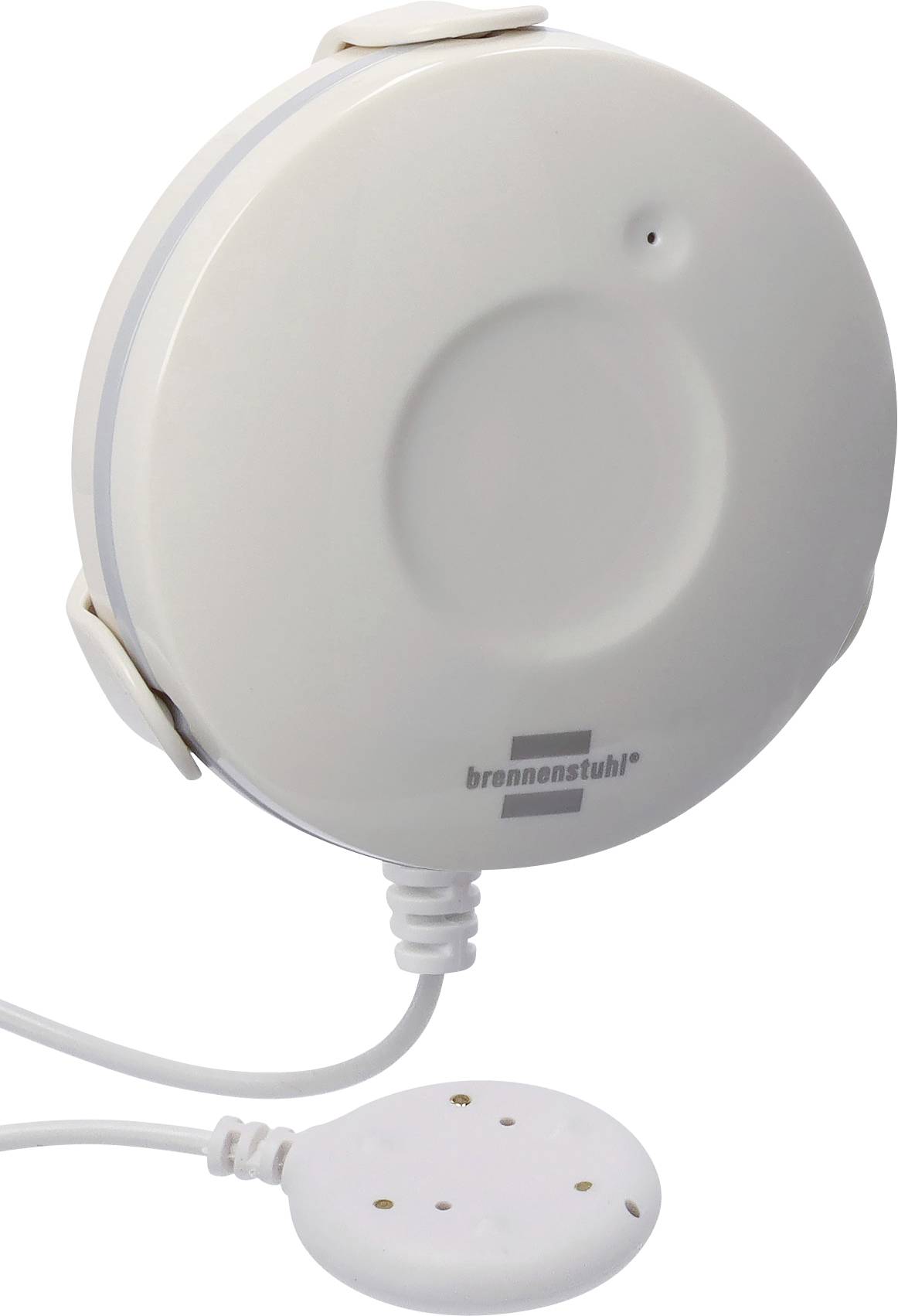 Luminaire de plafond rétractable rond et blanc avec cordon et interrupteur à tirage, présenté sur un fond neutre.
