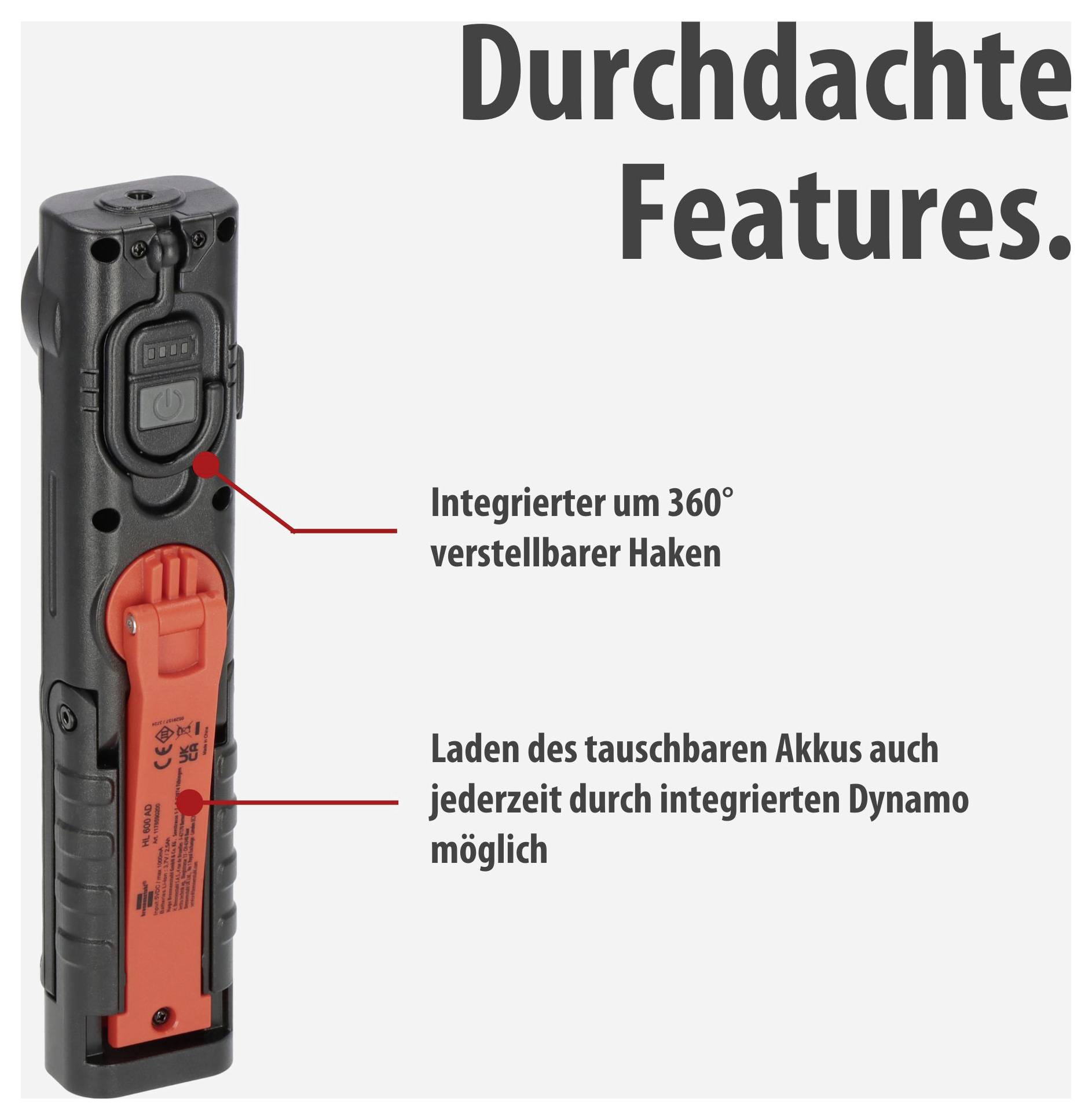 Graphique publicitaire avec une lampe de travail/lampe rechargeable et le titre « Fonctionnalités bien pensées » : crochet réglable à 360° et batterie pouvant être rechargée par dynamo intégré.