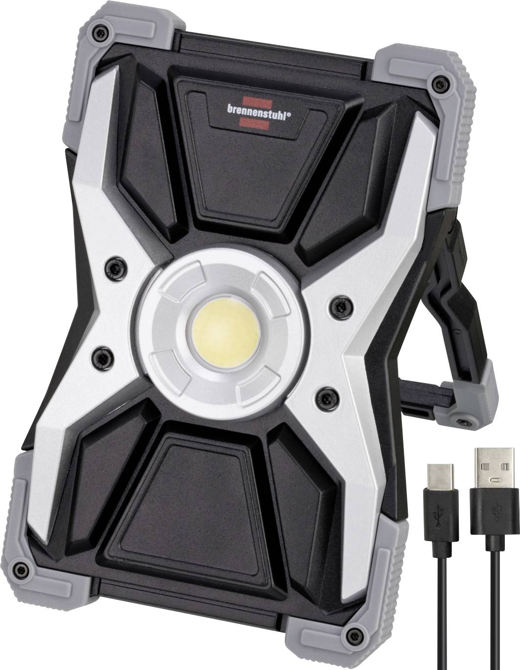 Lampe de travail LED robuste portable avec câble de charge USB et poignée, vue de face sur fond blanc.