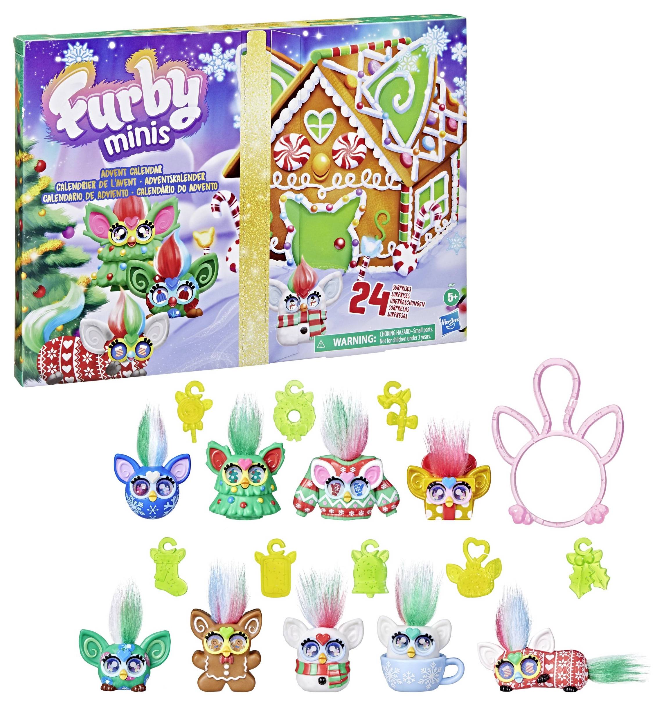 Calendrier de l'Avent Furby Minis avec un design de maison en pain d'épices, comprenant 24 cases numérotées et présentant divers personnages Furby colorés et leurs accessoires.