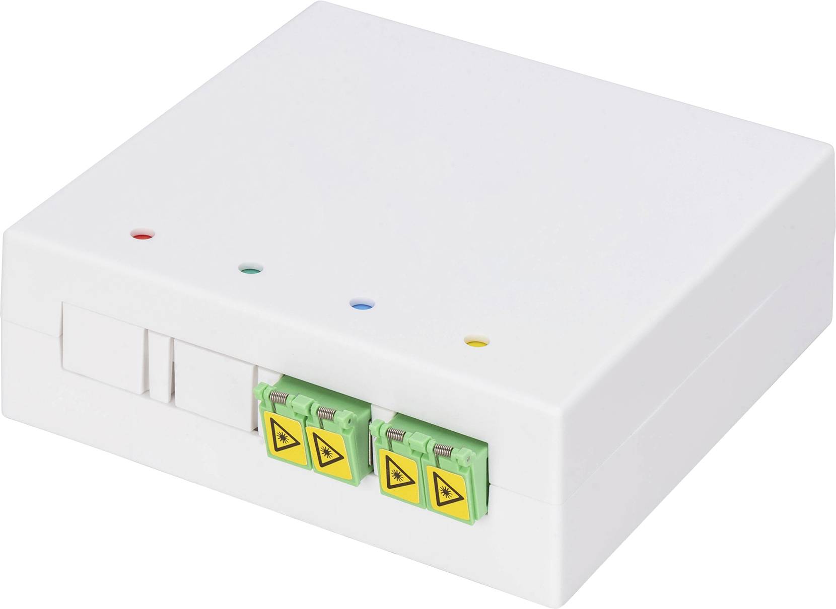 Un boîtier terminal à fibre optique blanc avec quatre trous indicateurs colorés sur le dessus et deux ports de câbles verts portant des triangles d'avertissement jaunes sur l'avant.