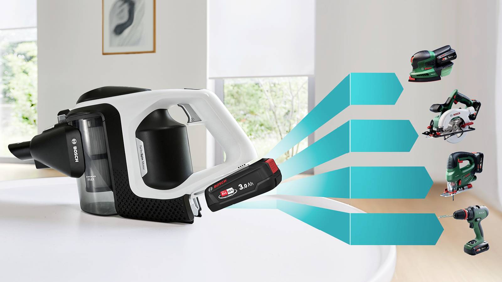 Aspirateur portable avec batterie amovible en évidence, illustrant la compatibilité avec divers outils électroportatifs.