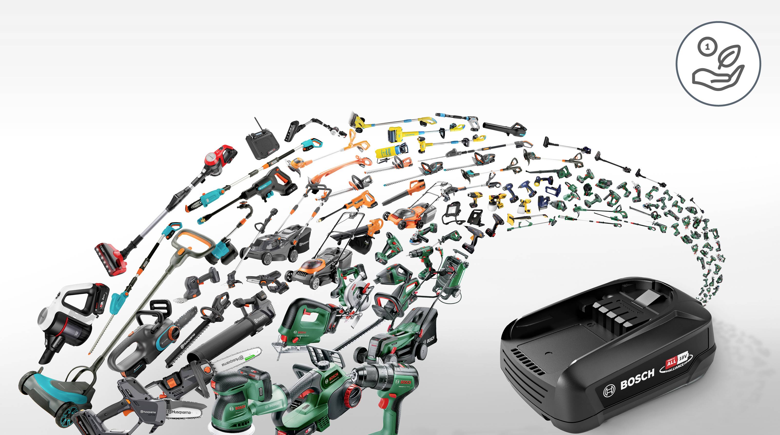 Une batterie Bosch accompagnée de différents outils électroportatifs, démontrant sa compatibilité avec une large gamme, illustrant une utilisation polyvalente dans les projets de bricolage.