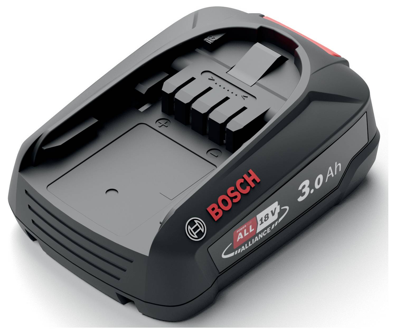 Batterie lithium-ion Bosch 18V 3,0Ah, de couleur noire avec marquage rouge et blanc, présentée en vue en perspective pour mettre en valeur son design compact.