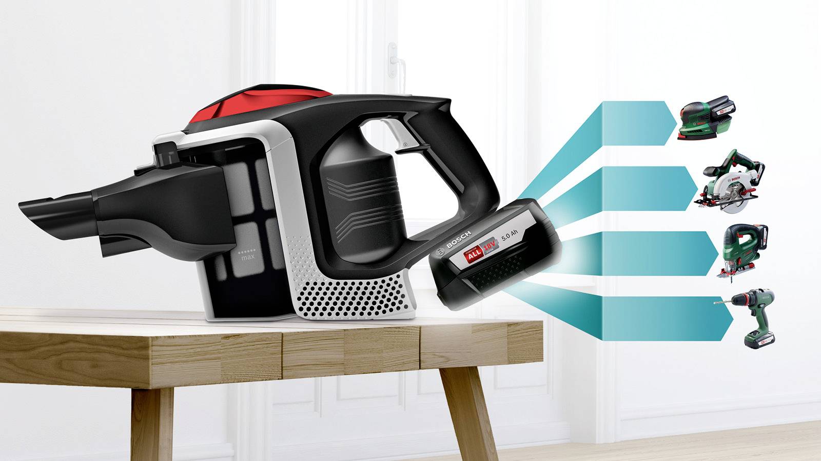 Un aspirateur compact et sans fil est présenté sur une table, mettant en évidence sa batterie amovible. Des graphiques illustrent sa compatibilité avec plusieurs outils.