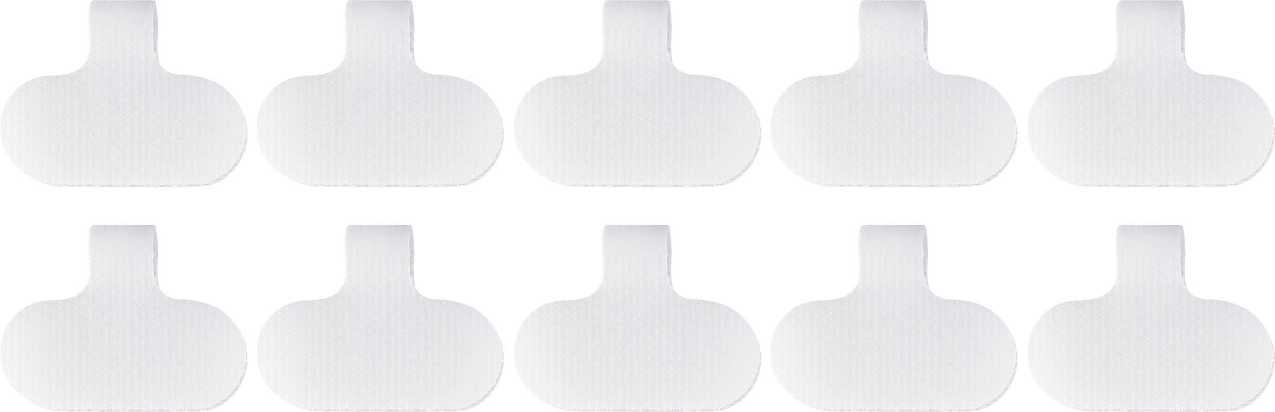 Dix tampons adhésifs blancs disposés en deux rangées, chacun de forme arrondie et doté d'une languette pour une application facile.