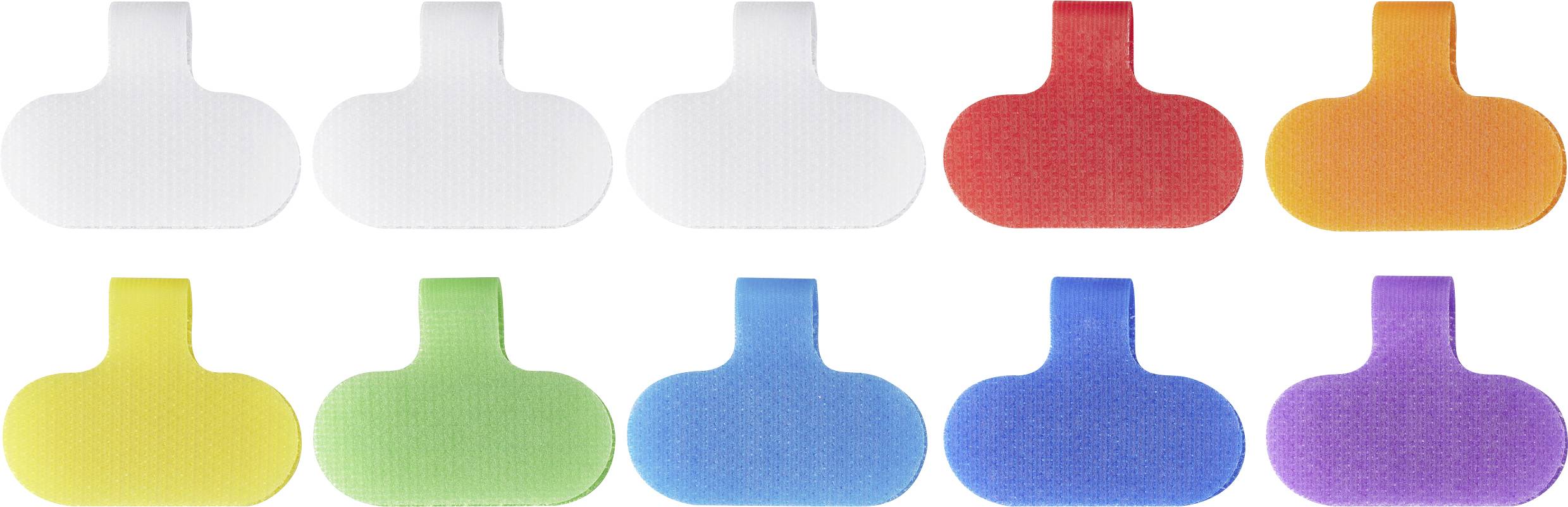 Dix électrodes adhésives disposées en une seule rangée, chacune d'une couleur différente : blanc, rouge, orange, jaune, vert, bleu et violet.