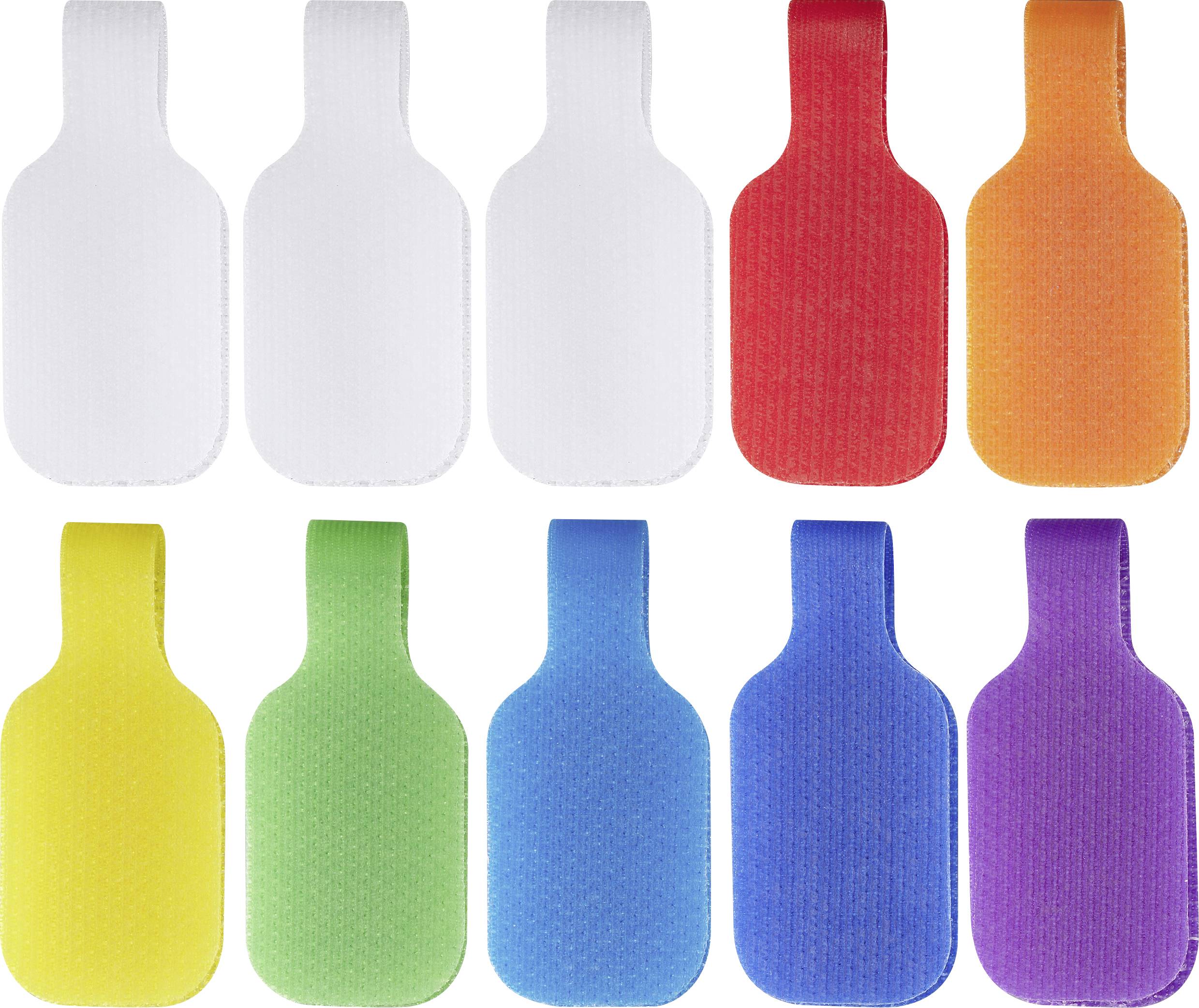 Dix attache-câbles adhésifs colorés en blanc, rouge, orange, jaune, vert, bleu et violet, disposés en deux rangées.