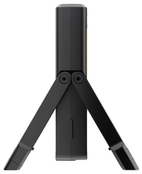 Un appareil électronique compact noir avec deux jambes de trépied pliables déployées, probablement utilisé pour des mesures ou des opérations de numérisation.