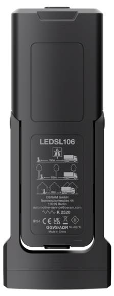 Lampe de secours « LEDSL106 » avec icônes d'application industrielle et informations de conformité sur boîtier noir.