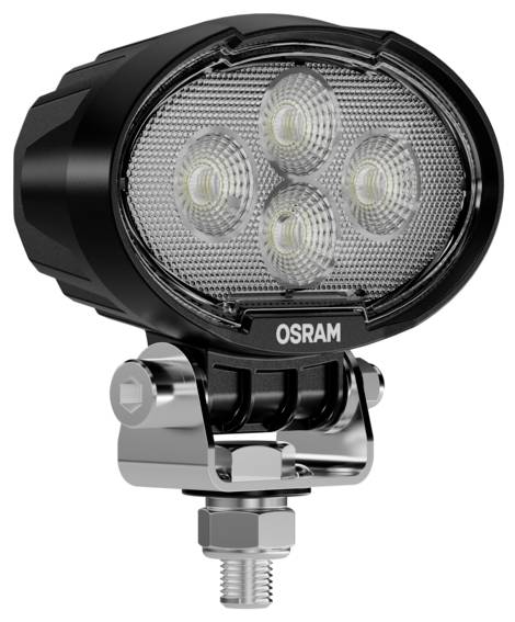 Un projecteur de travail à LED Osram noir et argent, doté de quatre lentilles rondes et d'un support de montage, conçu pour une utilisation automobile ou industrielle.