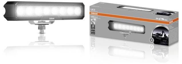 Barre lumineuse à LED avec marquage Osram, représentée à côté de son emballage, mettant en valeur ses caractéristiques telles que les options de montage doubles et sa luminosité.