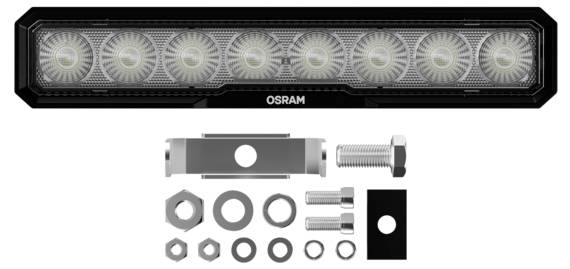 Une barre lumineuse LED rectangulaire comportant sept lumières rondes est représentée au-dessus d'un ensemble de boulons, d'écrous et d'un support de montage métallique.
