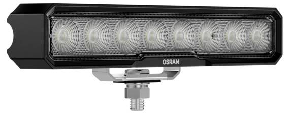 Une barre lumineuse LED rectangulaire de marque Osram comprenant huit lumières circulaires, montée sur un support métallique avec un boulon pour l'installation sur un véhicule.