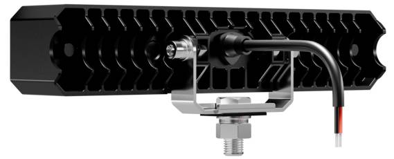 Un luminaire à LED noir présentant son dissipateur thermique arrière, son support de montage et son câblage pour connexion électrique.