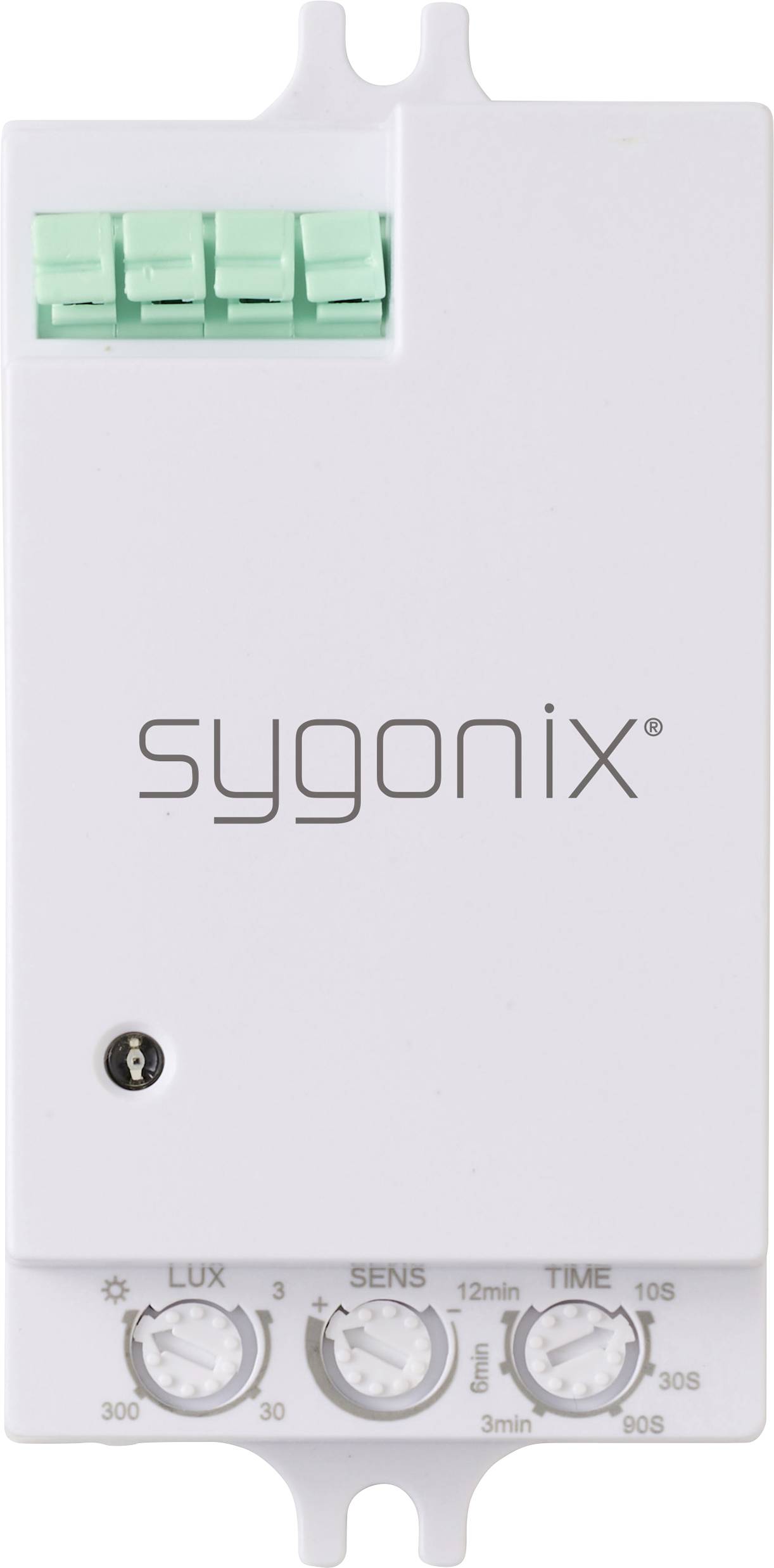 Dispositif rectangulaire blanc avec logo 'sygonix', doté de connecteurs verts, d'un trou de serrure et de trois cadrans étiquetés LUX, SENS et TIME.