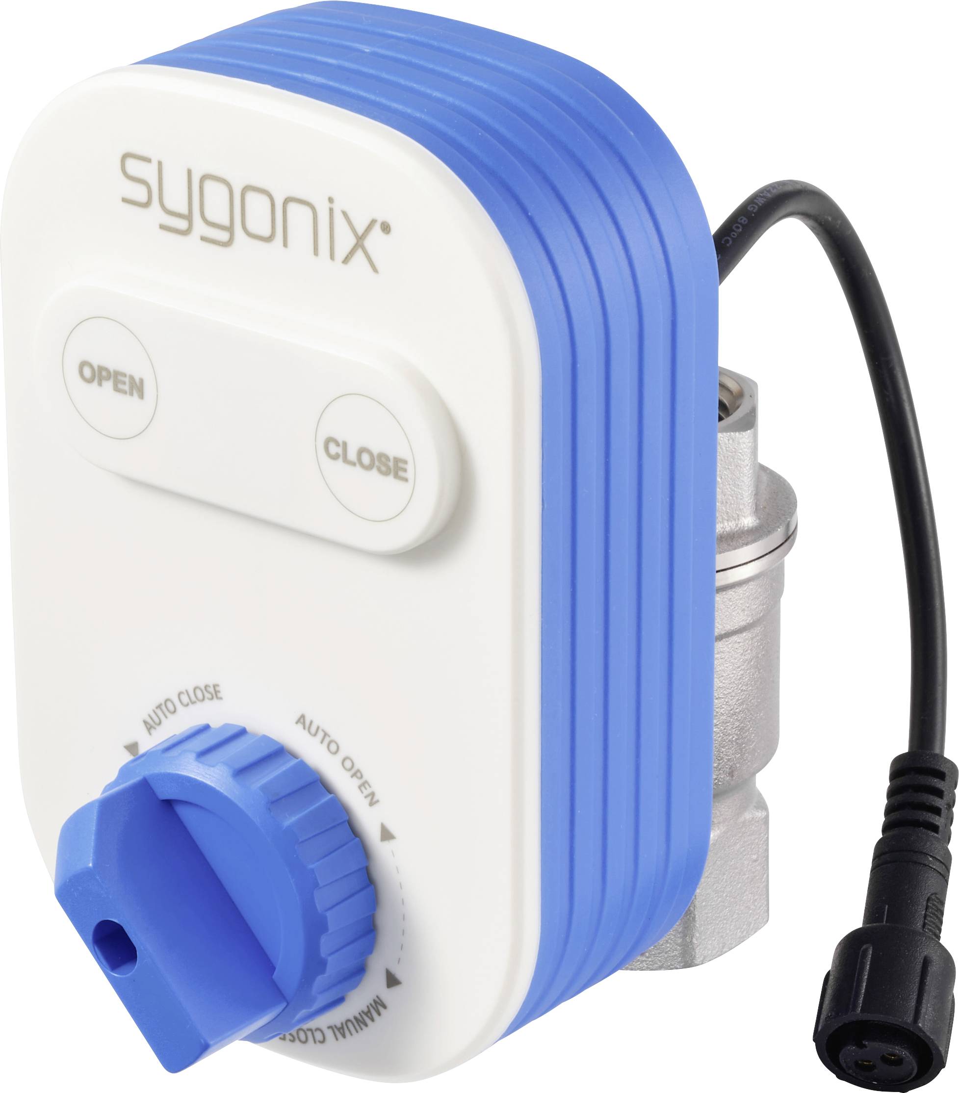 Contrôleur intelligent de vanne avec bouton bleu, étiqueté sygonix. Comprend des boutons marche/arrêt et un interrupteur automatique/manuel. Câble noir attaché.
