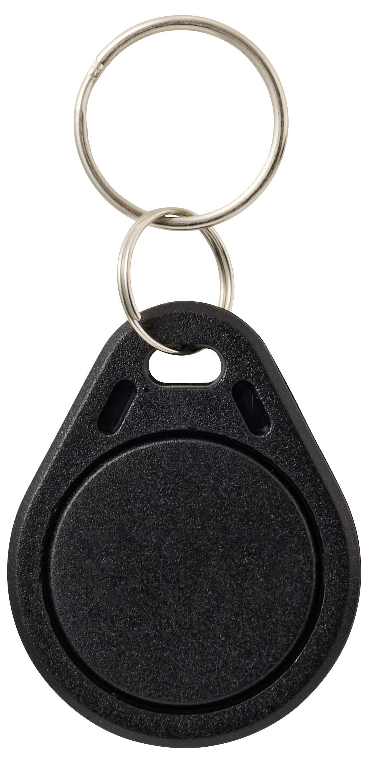 Un porte-clés noir, rond, avec un anneau de clé argenté, utilisé pour les systèmes de contrôle d'accès.