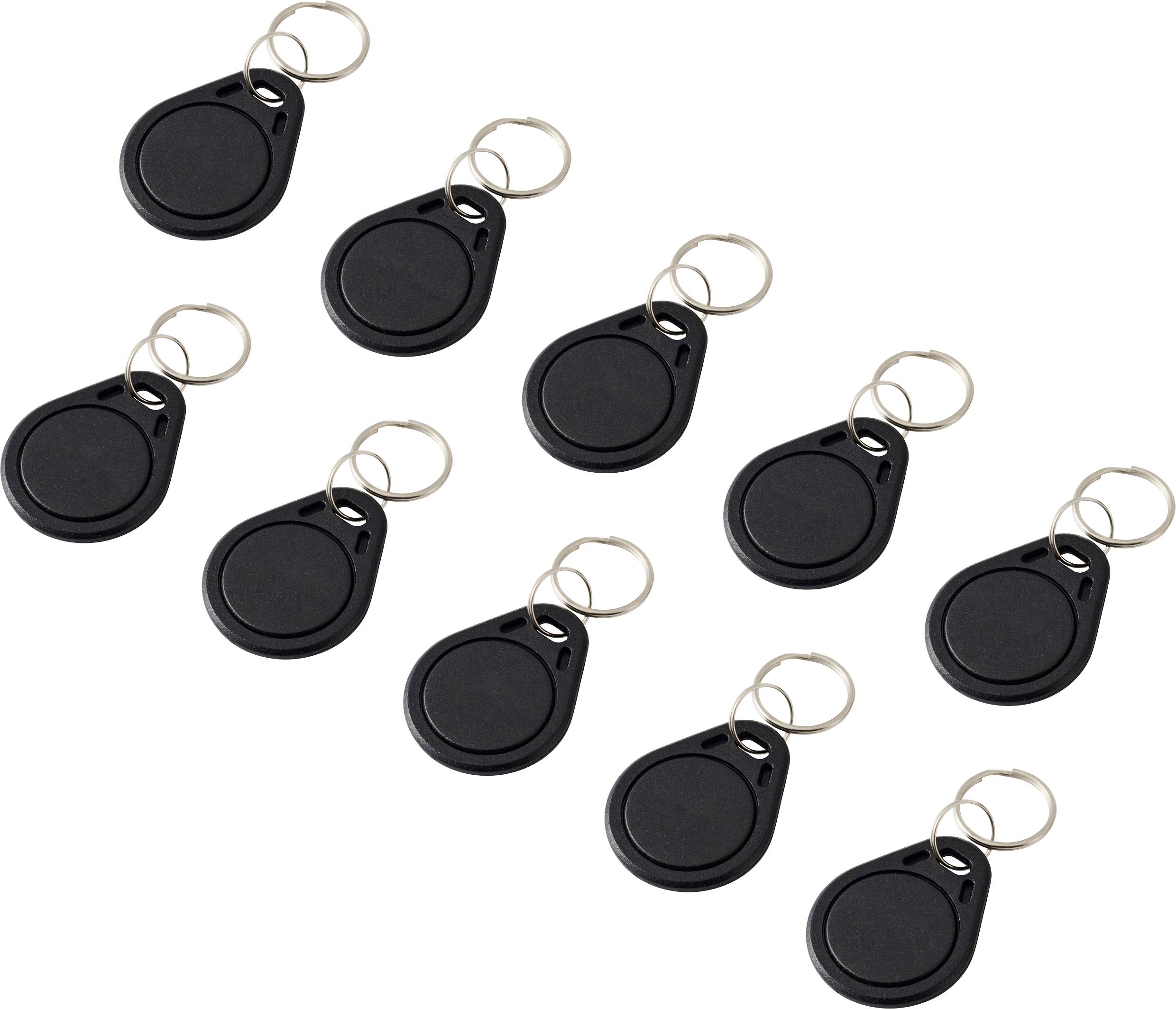 Dix étiquettes de porte-clés noires avec des anneaux fendus métalliques, disposées en deux rangées, utilisées pour le système de commande d'accès électronique ou l'identification.