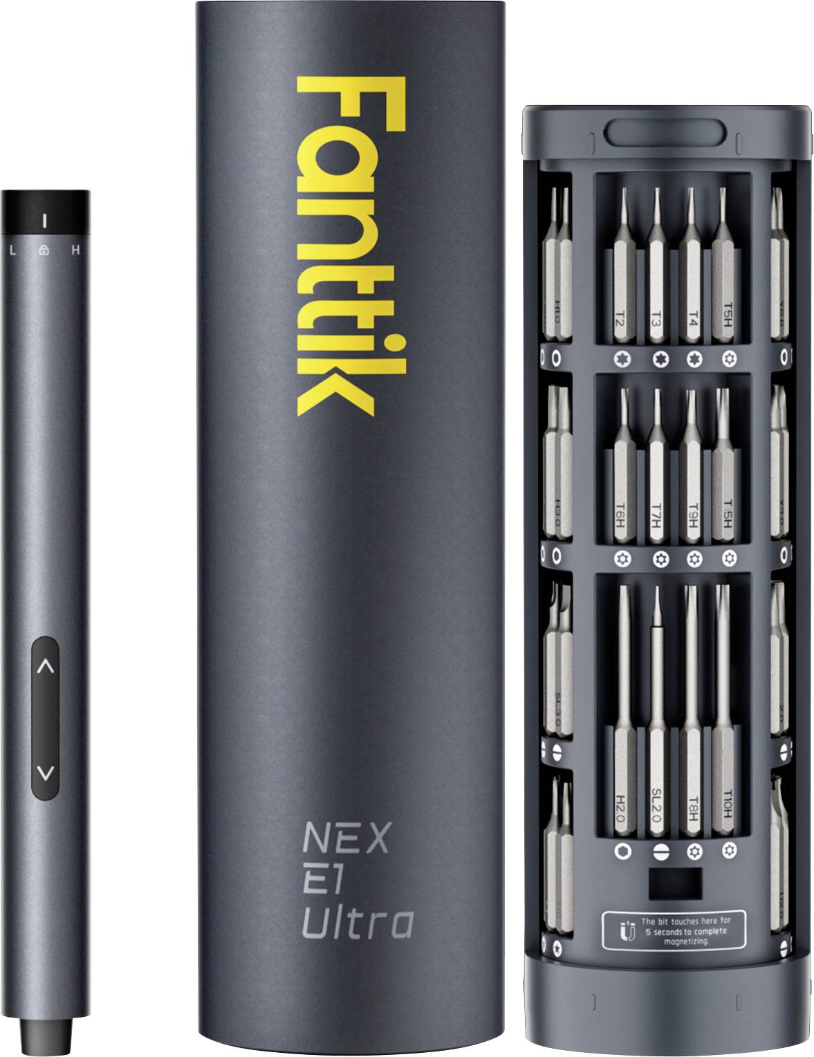 Un ensemble de tournevis de précision gris élégant montrant plusieurs embouts, avec un étui de rangement cylindrique étiqueté « Fanttik NEX E1 Ultra ».