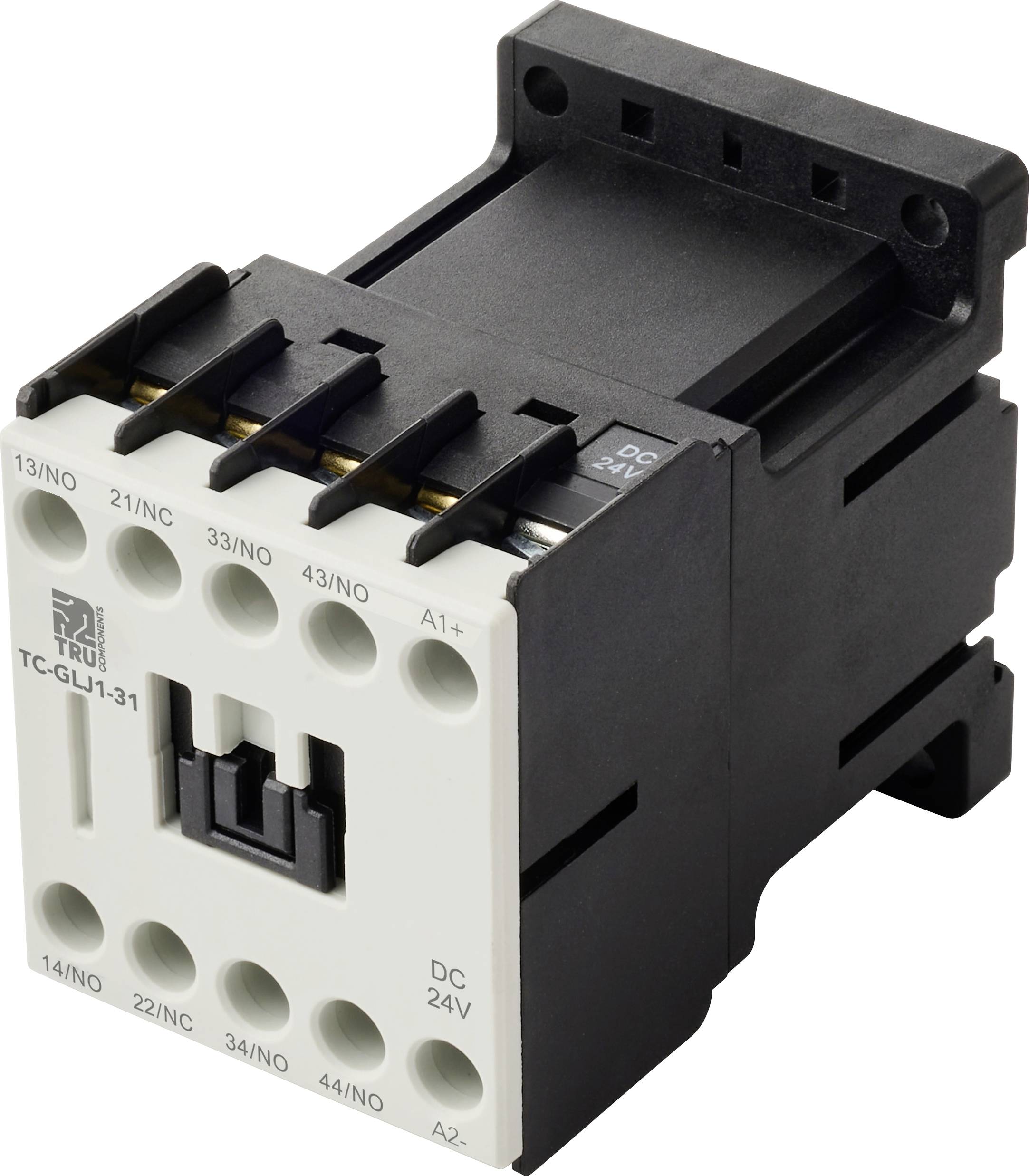 Un relais électrique noir et gris avec plusieurs bornes étiquetées, indiquant les connexions pour différentes entrées et sorties de tension.