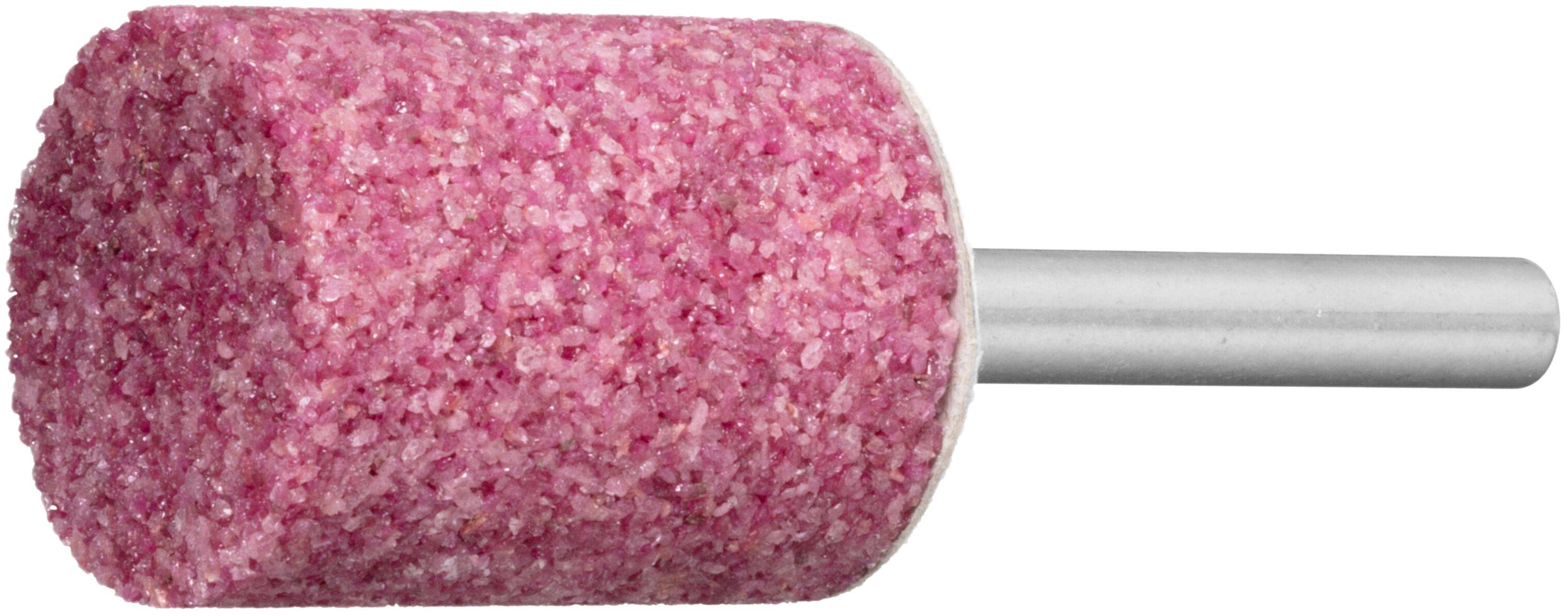 Un foret abrasif cylindrique rose avec tige métallique, utilisé pour façonner ou lisser des matériaux dans des applications mécaniques.