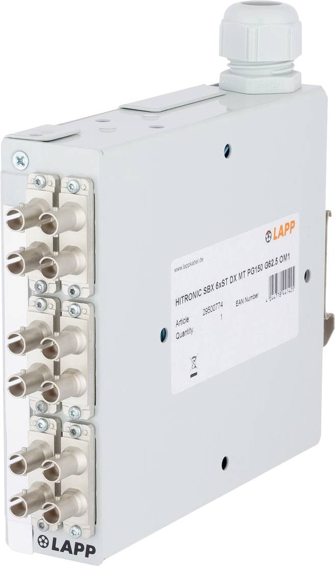 Ein grauer elektronischer Apparat mit mehreren Kabelanschlüssen an der Seite, der an der Vorderseite mit 'LAPP HITRONIC SBX 6xST DK MT P0159 0851S 001' beschriftet ist.