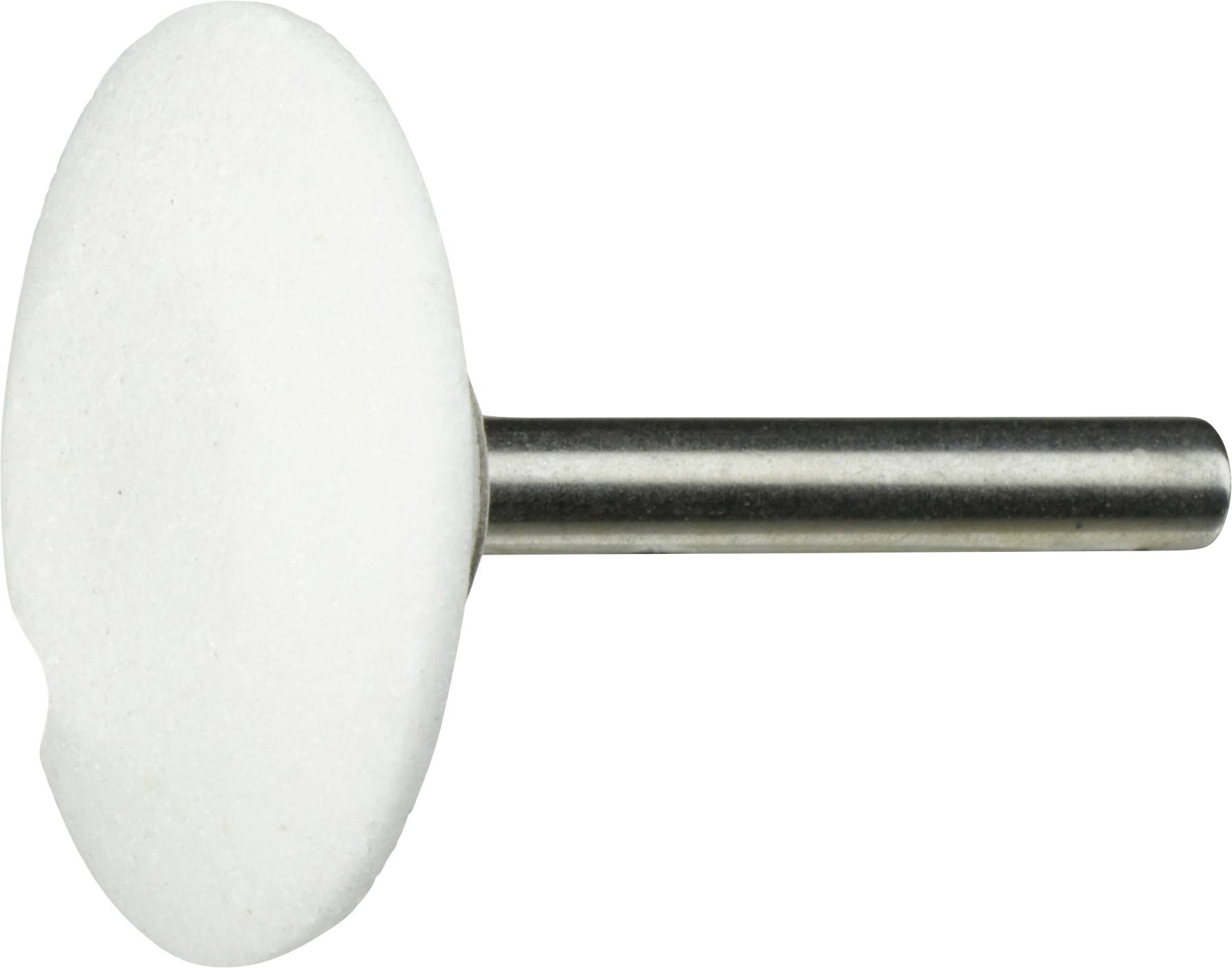 Une pierre à moudre blanche avec une poignée métallique cylindrique, probablement utilisée pour affûter ou polir des objets.