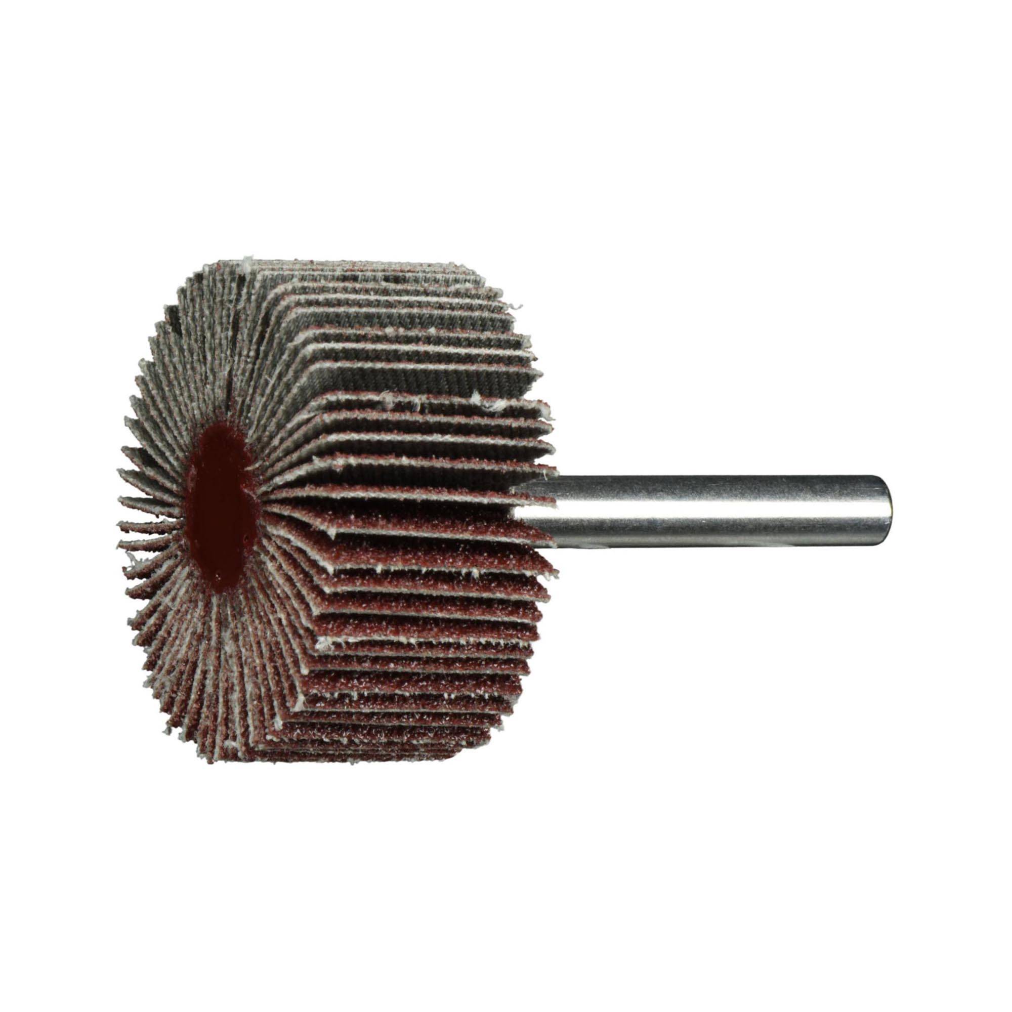 Une roue à lamelles cylindrique avec tige métallique. Elle comporte plusieurs lamelles abrasives disposées radialement pour le meulage ou le polissage.