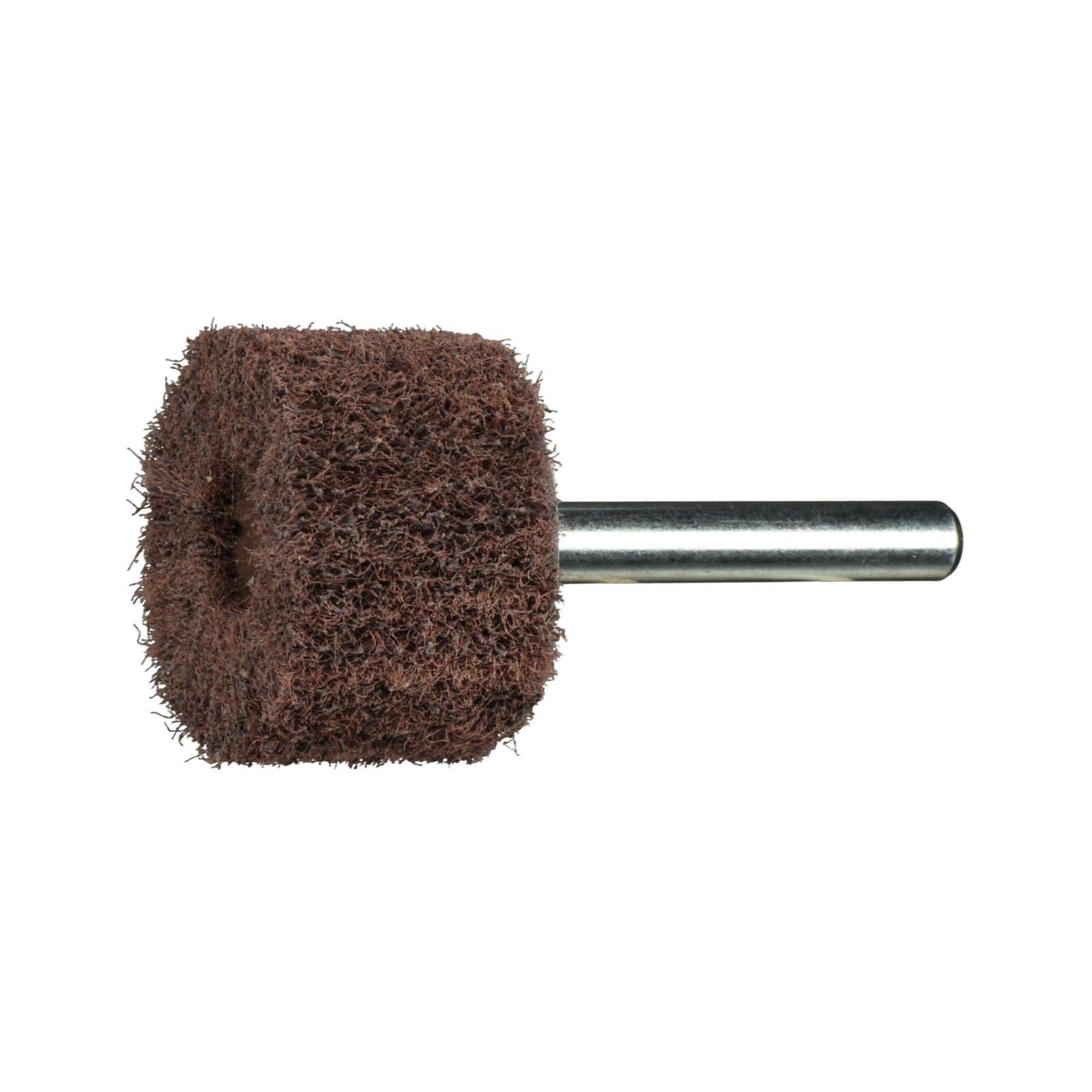Une roue abrasive cylindrique marron avec une tige en métal, généralement utilisée pour polir ou poncer des surfaces.