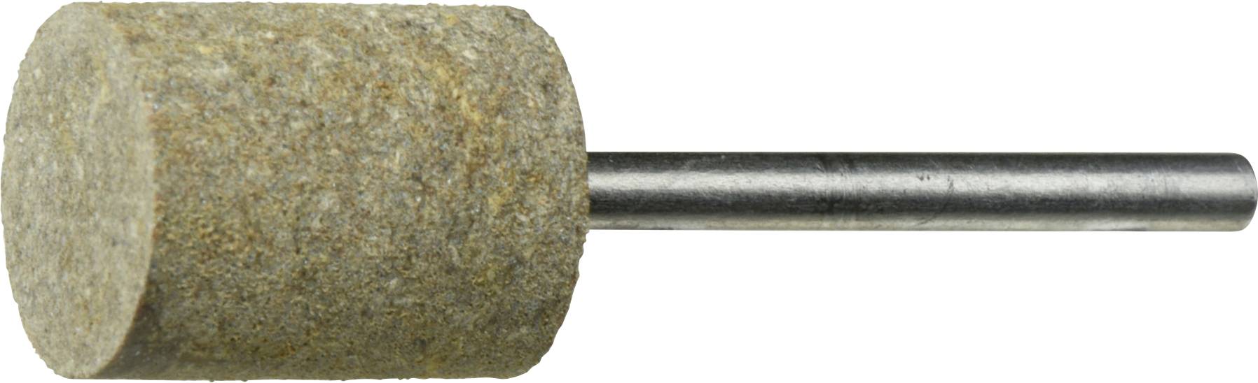 Une meule cylindrique en pierre abrasive fixée à une tige métallique, utilisée pour meuler ou polir des surfaces.