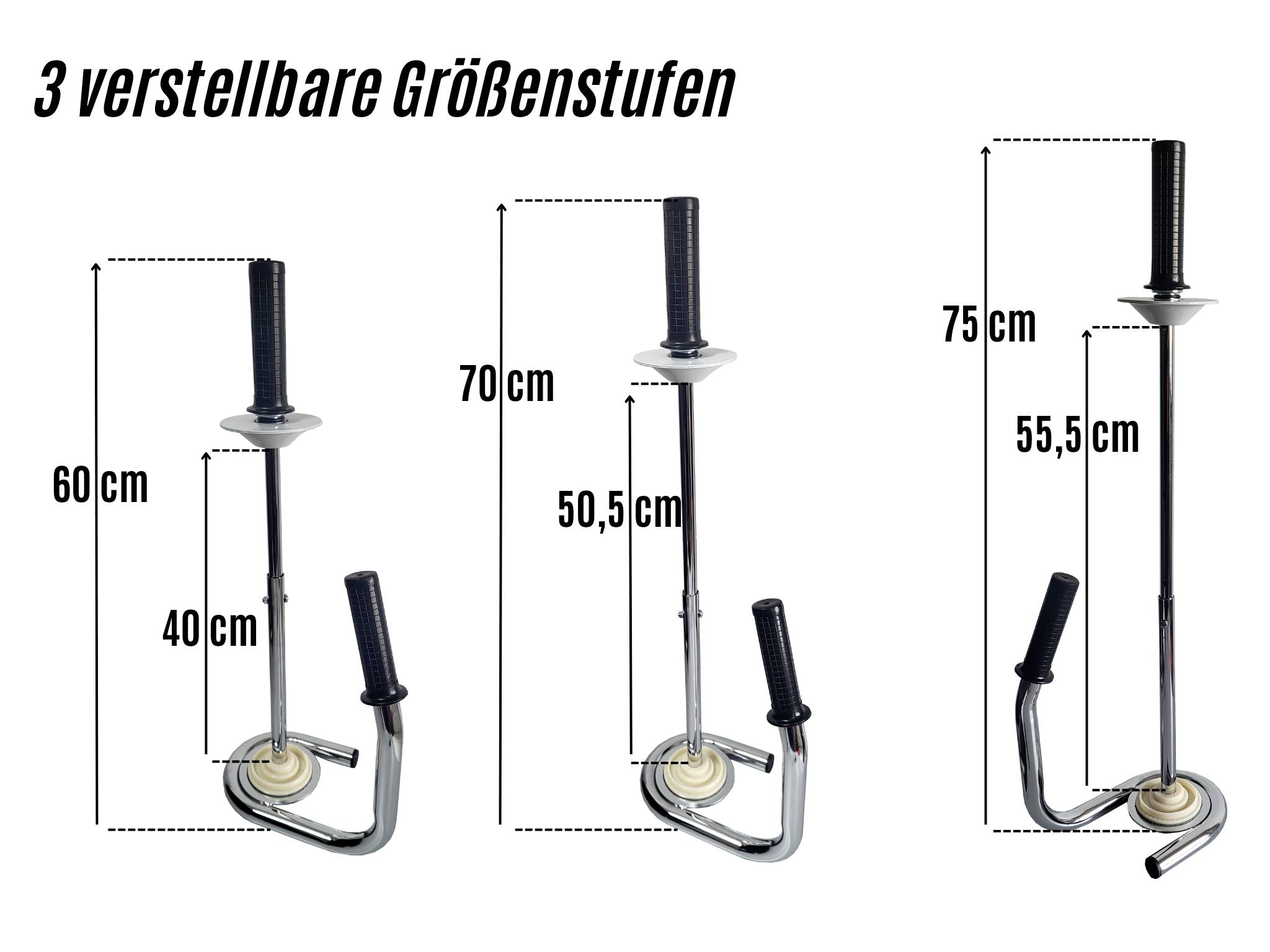 Trois niveaux de taille réglables : 40 cm à 60 cm, 50,5 cm à 70 cm, 55,5 cm à 75 cm ; Support avec poignée et hauteur ajustable.
