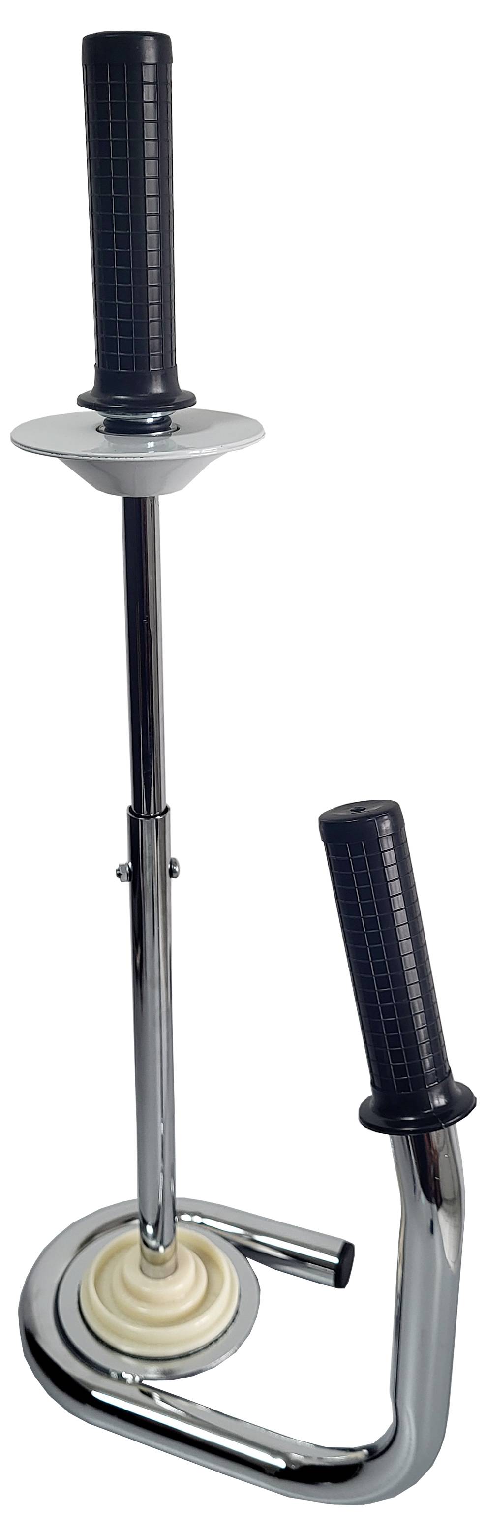 Un débouchoir à évier en chrome et noir avec deux poignées pour une utilisation efficace, doté d'une ventouse en caoutchouc robuste à la base.