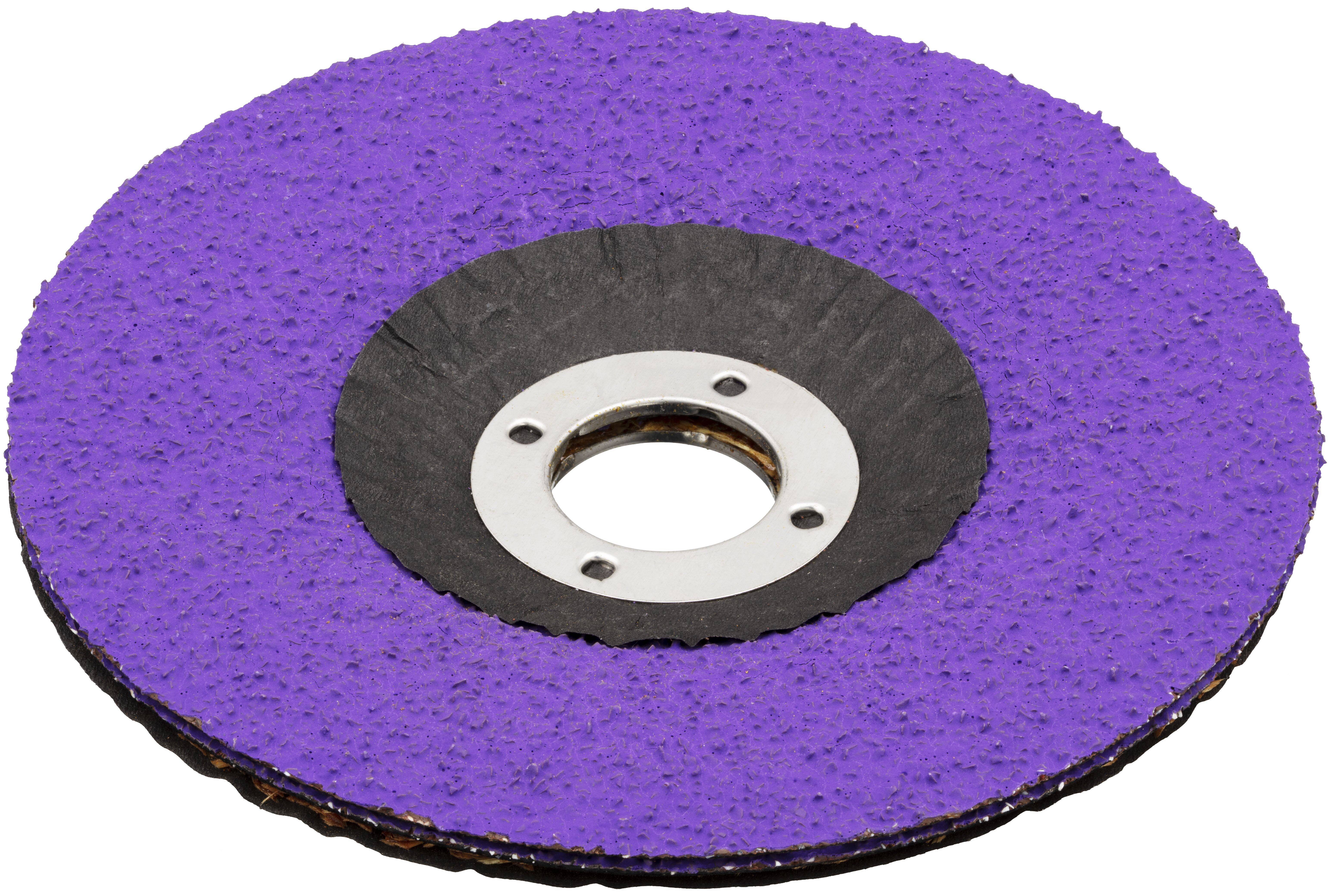 Un disque abrasif de meulage texturé, circulaire, avec une surface violette, un trou central et un anneau intérieur métallique, utilisé pour poncer ou polir.