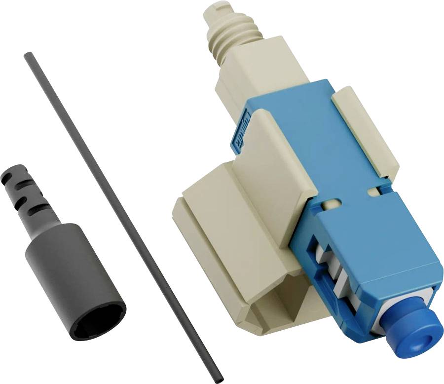 Ein Nahaufnahmebild eines blauen und beigen Glasfaseradapters zusammen mit einem grauen zylindrischen Adapterhülse und einem schmalen schwarzen Stab.