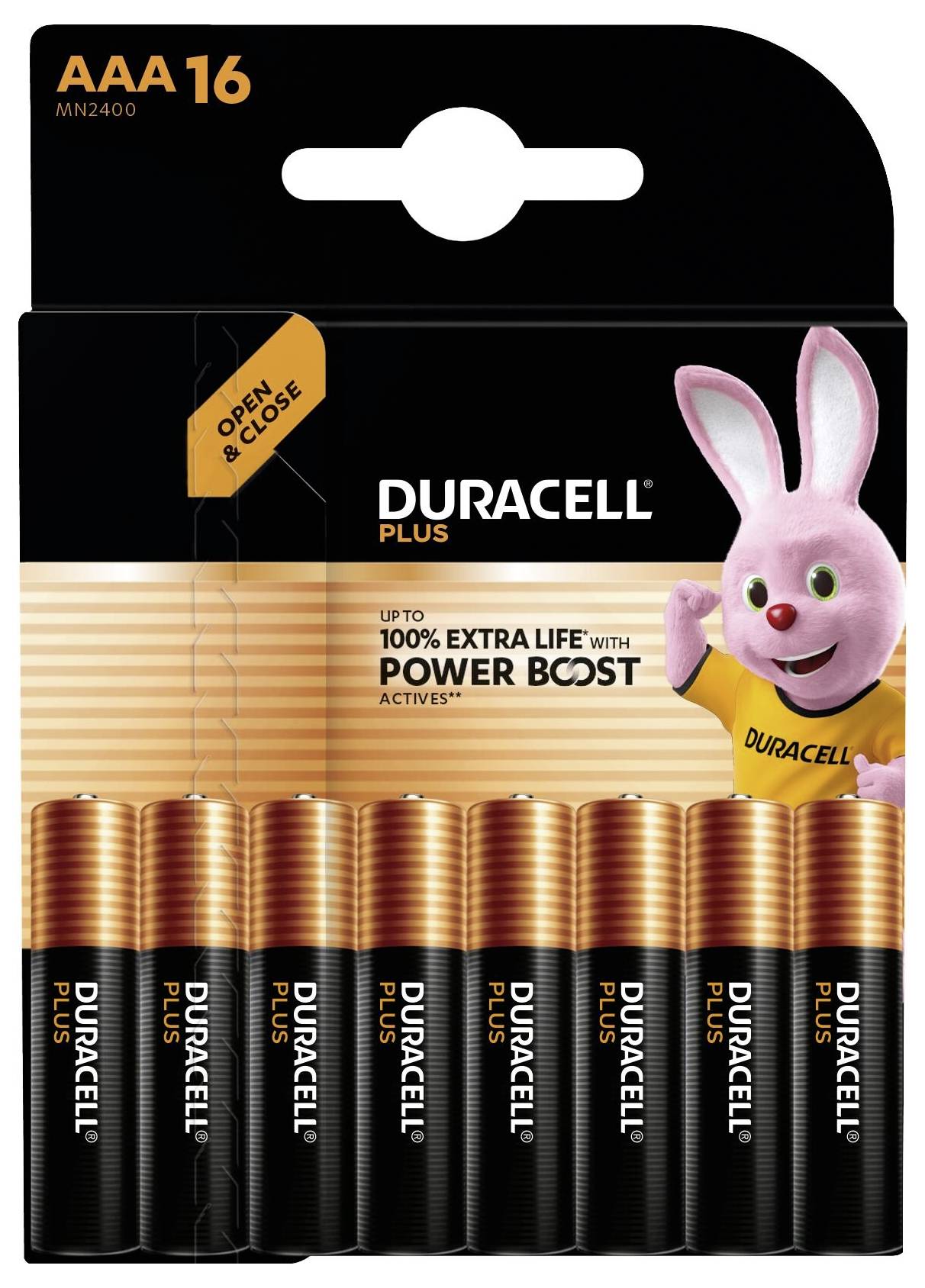 'Pack de 16 piles Duracell Plus AAA, avec mascotte lapin rose et promesses d'une durée de vie jusqu'à 100 % supérieure grâce à la technologie Power Boost.'