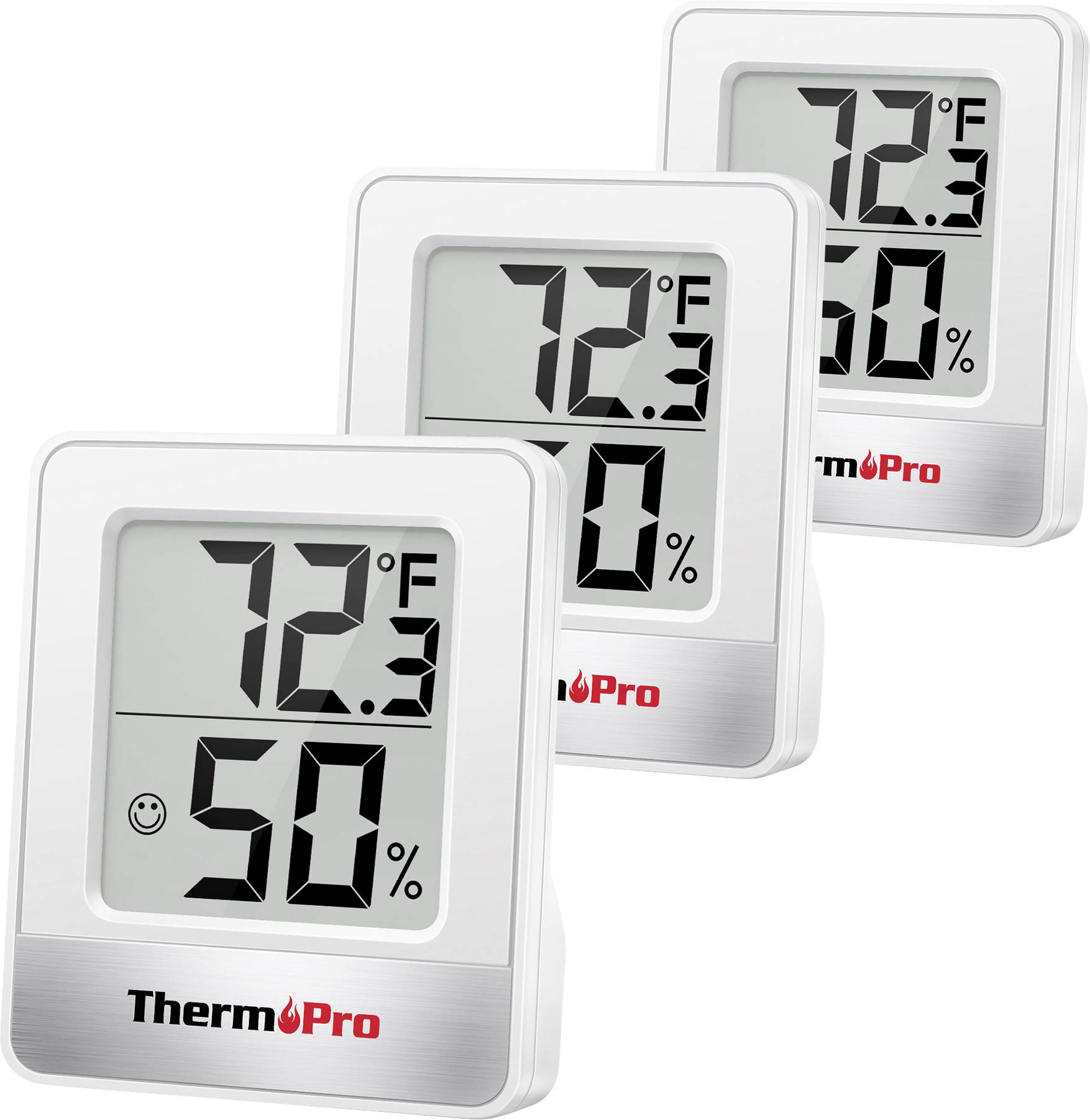 Trois thermomètres numériques affichent '72,3 °F' en haut et '50 %' d'humidité en dessous, avec une icône de visage souriant. Marqués « ThermoPro ».