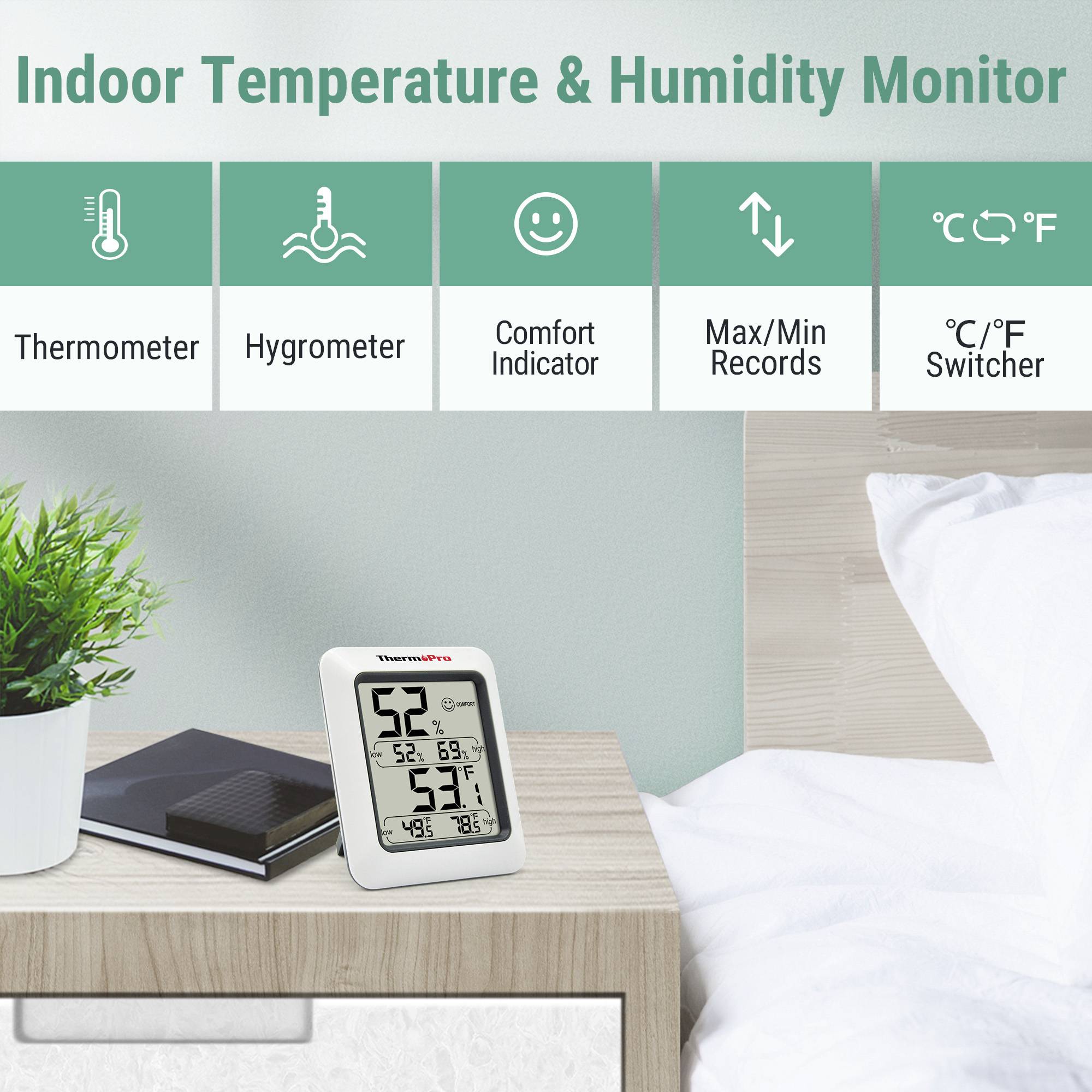 Un thermomètre numérique et un hygromètre sur une table de chevet indiquent une température ambiante de 23°C et une humidité de 45%. Le texte indique « Moniteur de température et d'humidité intérieure ».