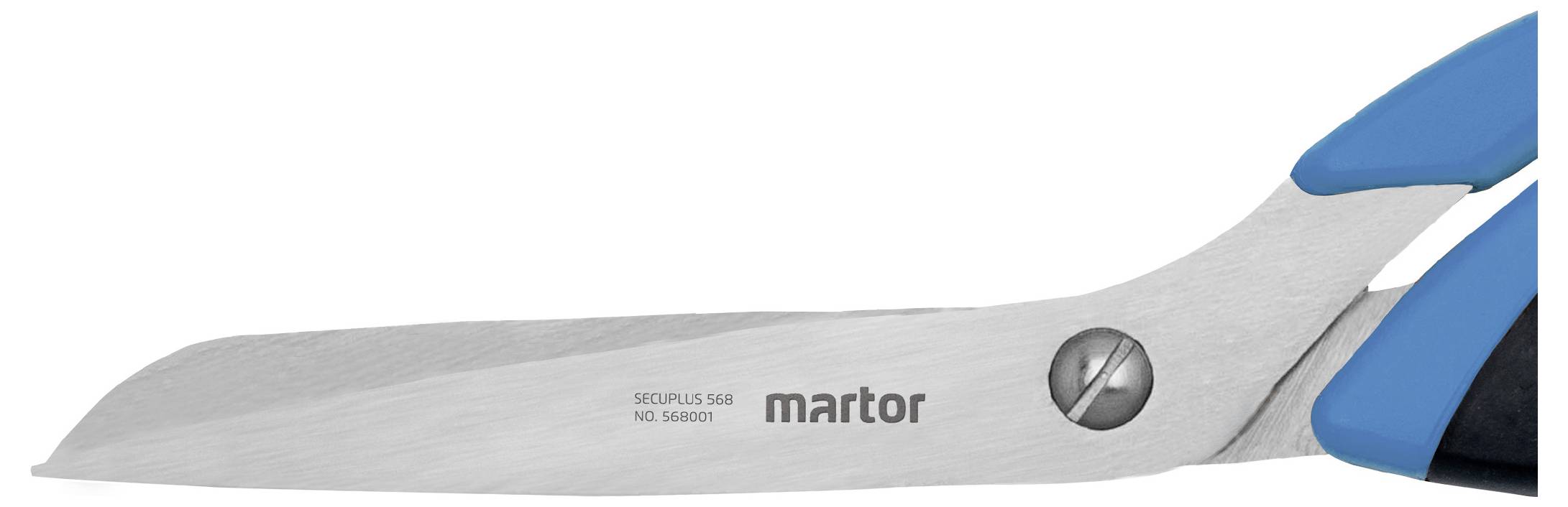 « Un gros plan d'une paire de ciseaux avec un manche bleu et noir et le mot « martor » gravé sur la lame métallique. »