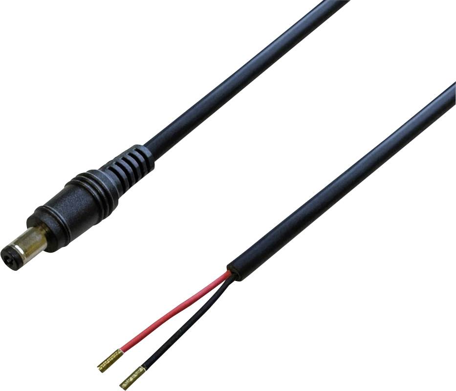'Câble de connecteur d'alimentation en courant continu avec extrémités dénudées de fils noir et rouge, utilisé pour les connexions électriques, présentant les détails des fils.'
